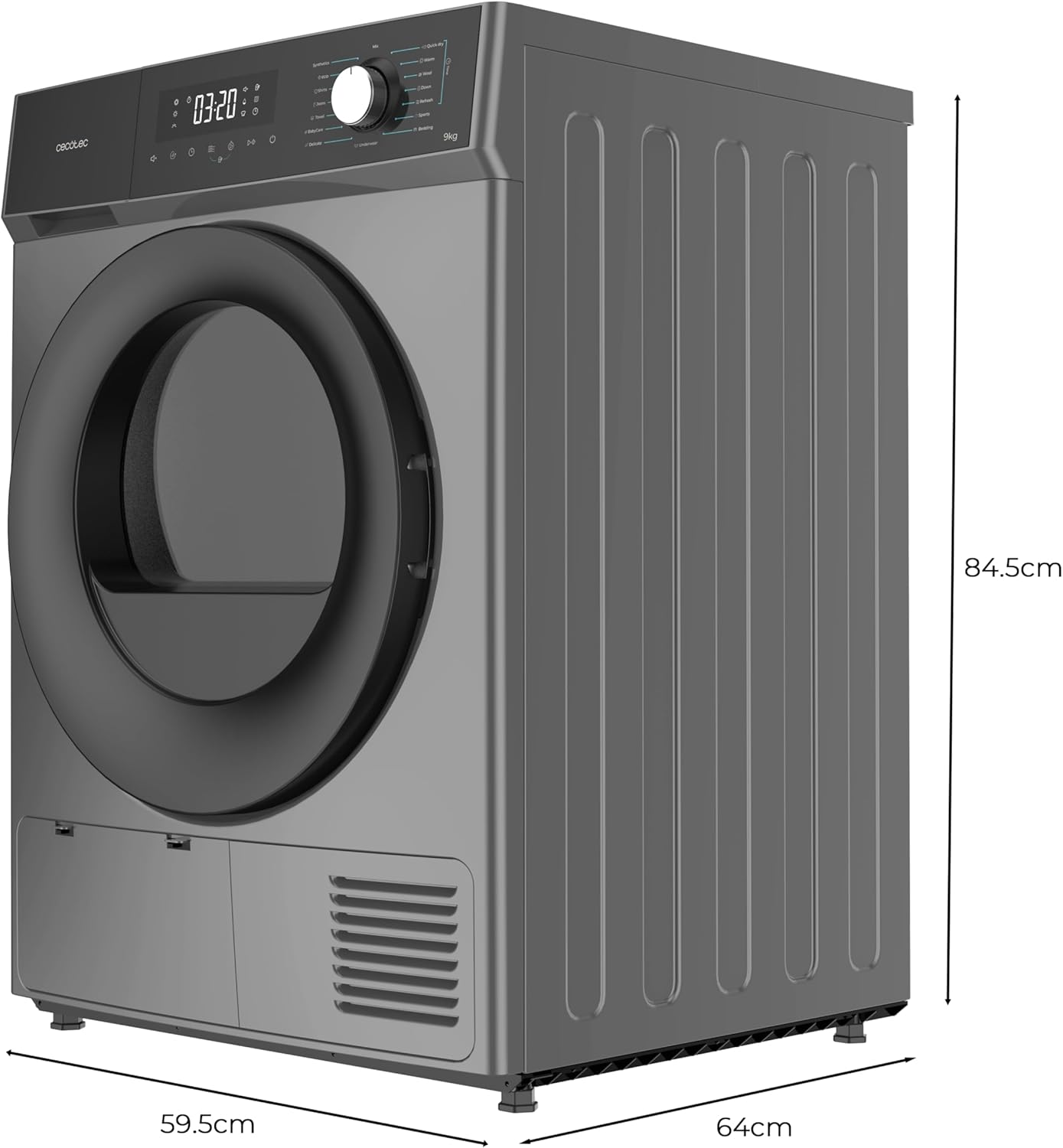 Cecotec Clothes Dryer 9 kg Heat Pump Bolero Dresscode Dry 9330 Steel. Equivalent Class A++, 15 Programs and Functions: Automatic Drying, Easy Ironing, Stop&Go, Delay Start and KidLock, Steel