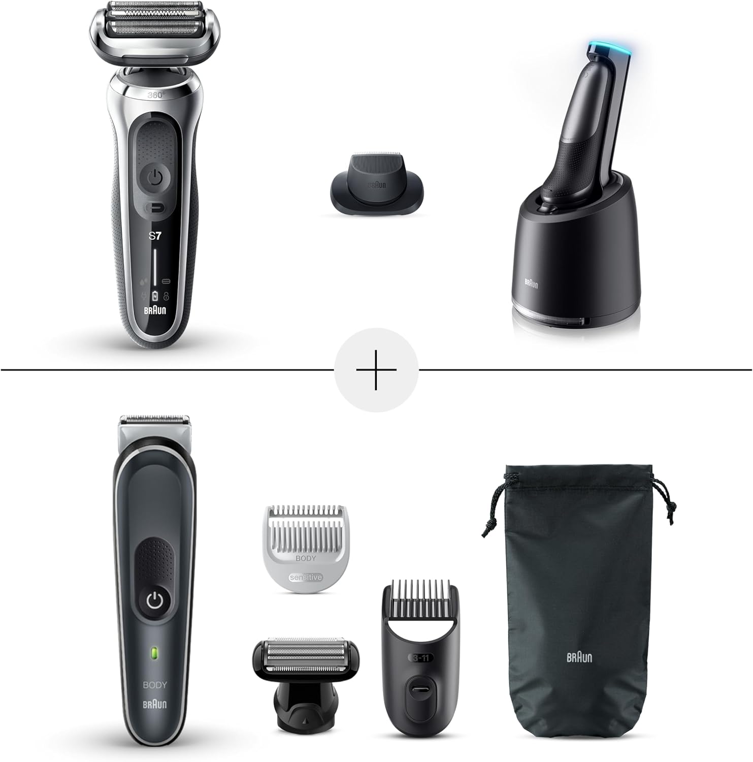 Braun Series 7 Flex Herren-Elektrogerät mit Reinigungsstation, Trimmer und Rasierer