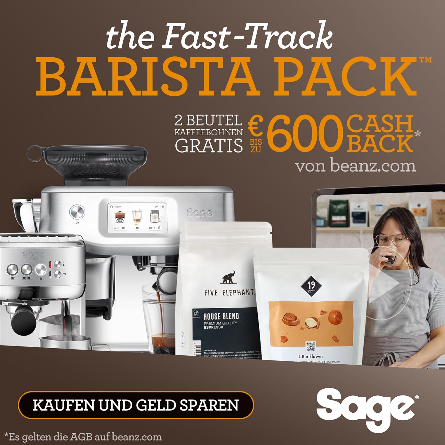 Sage – The Bambino Plus – Kompakte Kaffeemaschine mit automatischem Milchaufschäumer – Schwarzer Trüffel