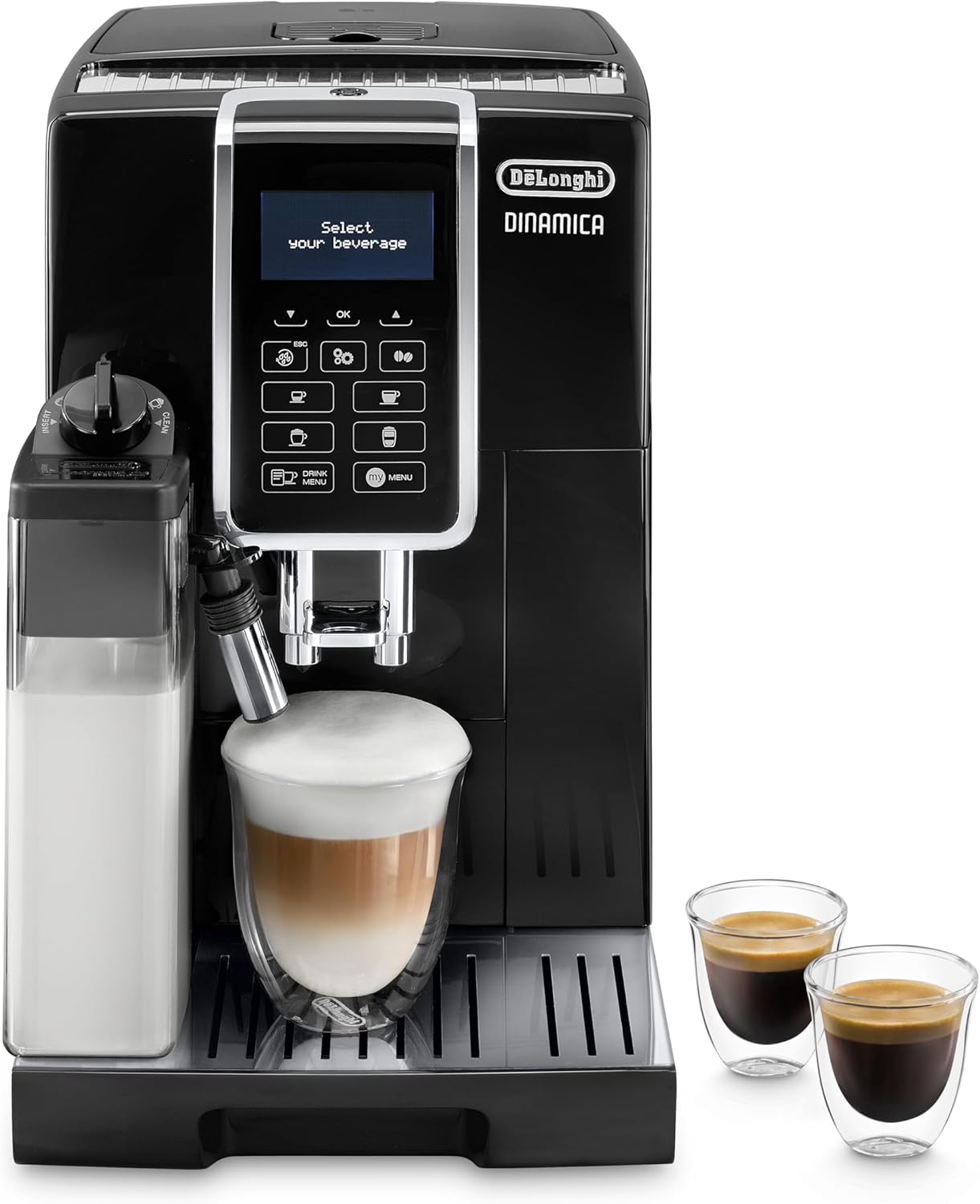De'Longhi Dinamica ECAM 350.55.B Kaffeevollautomat mit LatteCrema Milchsystem, Cappuccino, Espresso und Kaffee auf Knopfdruck, Digitaldisplay, 2-Tassen-Funktion, Großer 1,8 Liter Wassertank, Schwarz