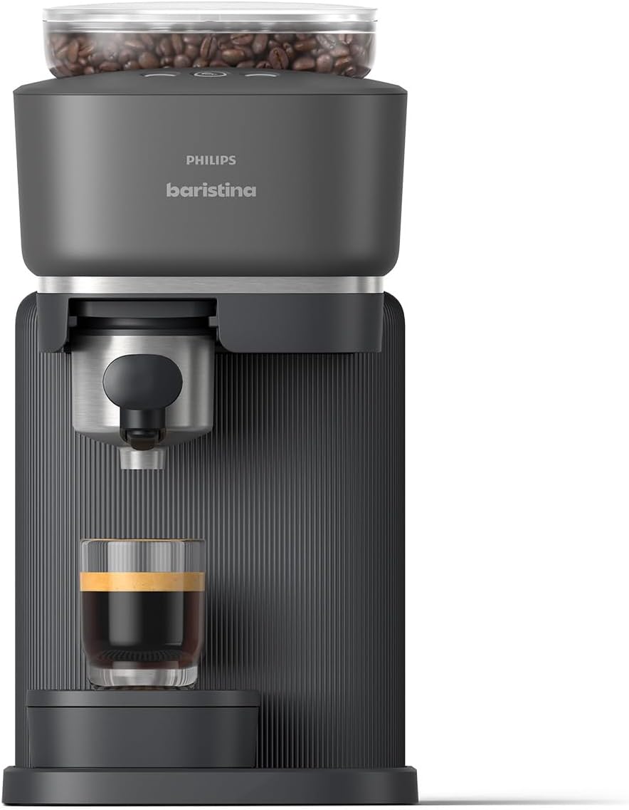 Philips Baristina Espressomaschine - Real Espresso- made simple. Kompakte Kaffeemaschine- Schwarzgrau mit schwarzgrauem Siebträger- 16-bar-Pumpendruck- automatisches Mahlwerk- Cafe Crema (BAR300/60)