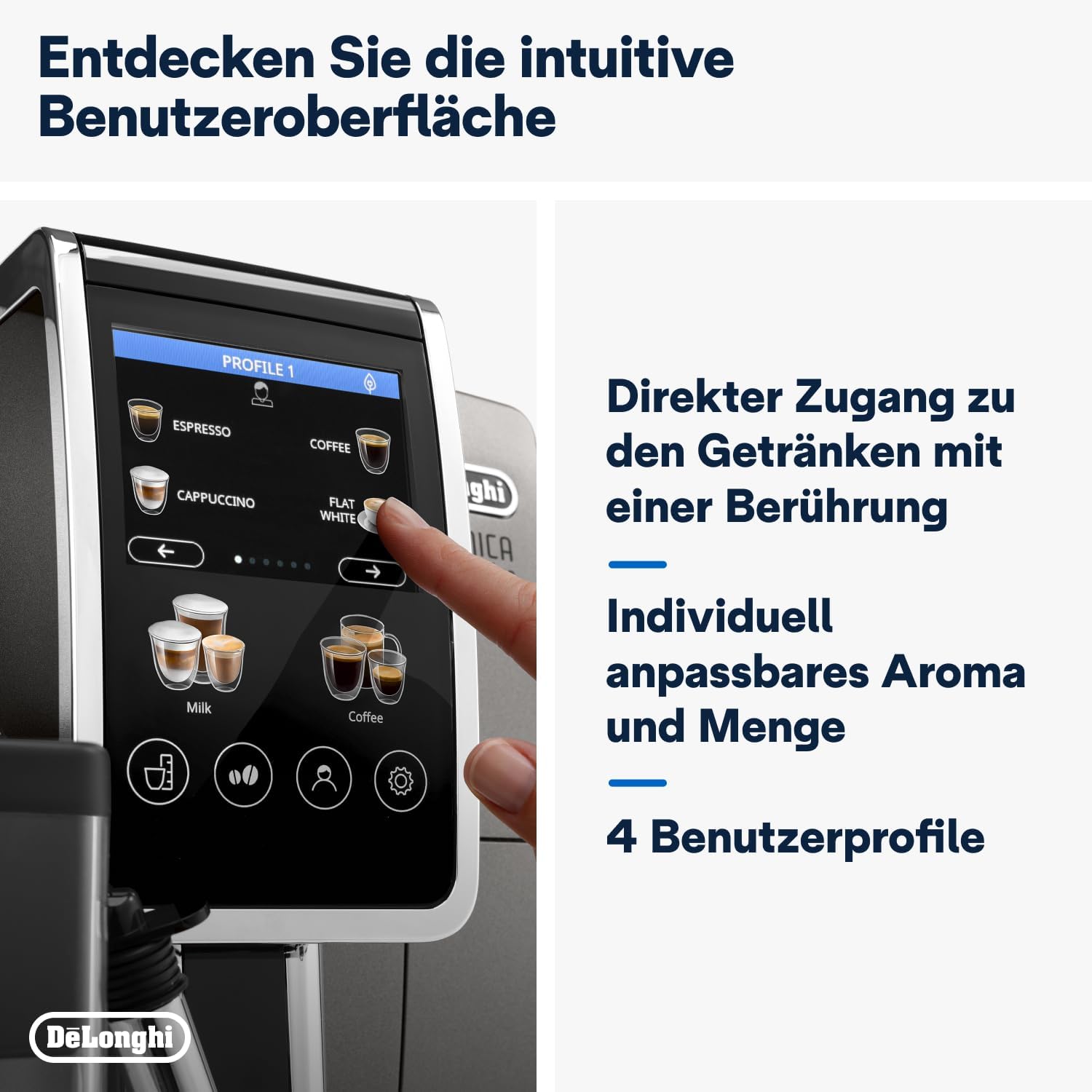 De'Longhi Dinamica Plus ECAM380.95.TB, Kaffeevollautomat mit LatteCrema Milchsystem, One-Touch-Cappuccino, mit 24 Rezepten, 3,5-Zoll TFT-Farbdisplay, 1450W, Titan/Schwarz