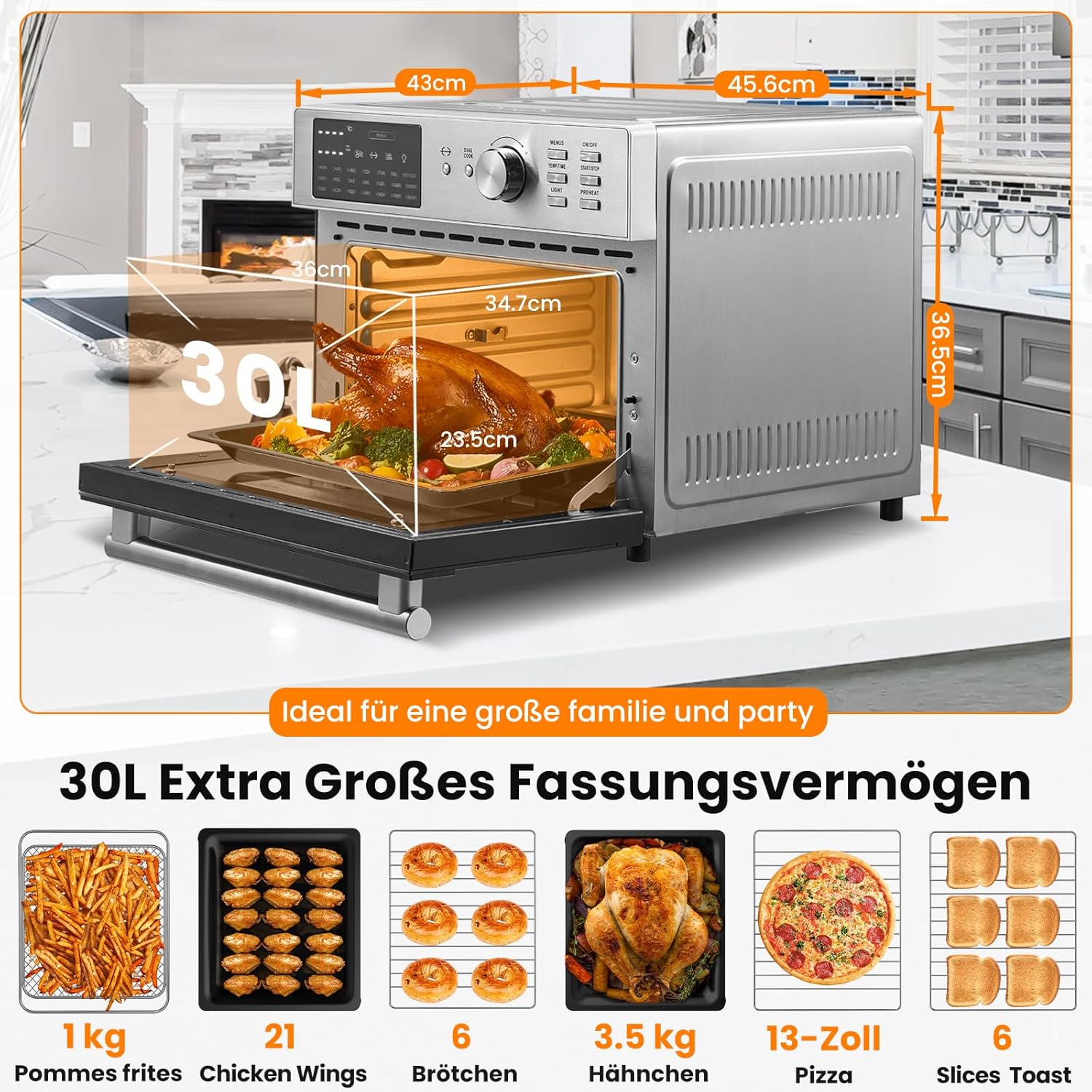 OIMIS Heißluftfritteuse Backofen 30L, luftfritteuse xxl 1800W Airfryer mit 21 Programme Multifunktions-Heißluftofen - Vorheizen, Dual Cook,Timer, Heissluftfritteuse mit 7 Zubehörteile, Rezepte