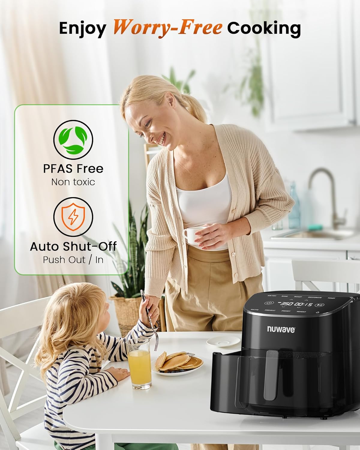 Nuwave Brio Plus Luftfritteuse, 8 Liter, neu und verbessert, neueste PFAS-Intervention, 7 digitale One-Touch-Kochfunktionen zum Frittieren, Backen, Braten, Dörren
