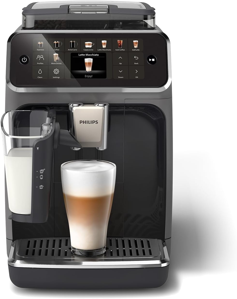 PHILIPS Serie 5500 Kaffeevollautomat inkl. Latte Go, SilentBrew-Technologie, Schnellstart. Aromatischer Kaffee aus frisch gemahlenen Bohnen, 20 Heiß- und Eisgetränke, Grau (EP5544/50)