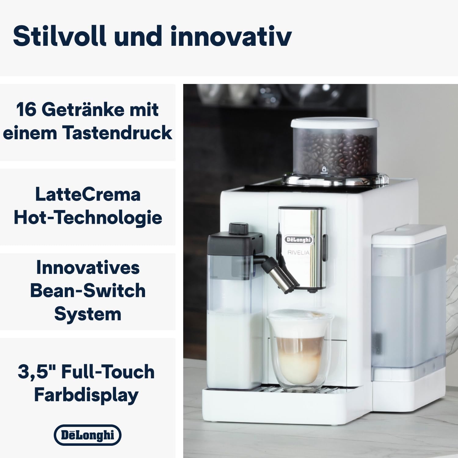 De'Longhi Rivelia EXAM440.55.W Kaffeevollautomat mit LatteCrema Milchsystem, Wechselbarer Bohnenbehälter, 16 Kaffee- & Milchgetränke auf Knopfdruck, Extra-Shot-Funktion, 3,5
