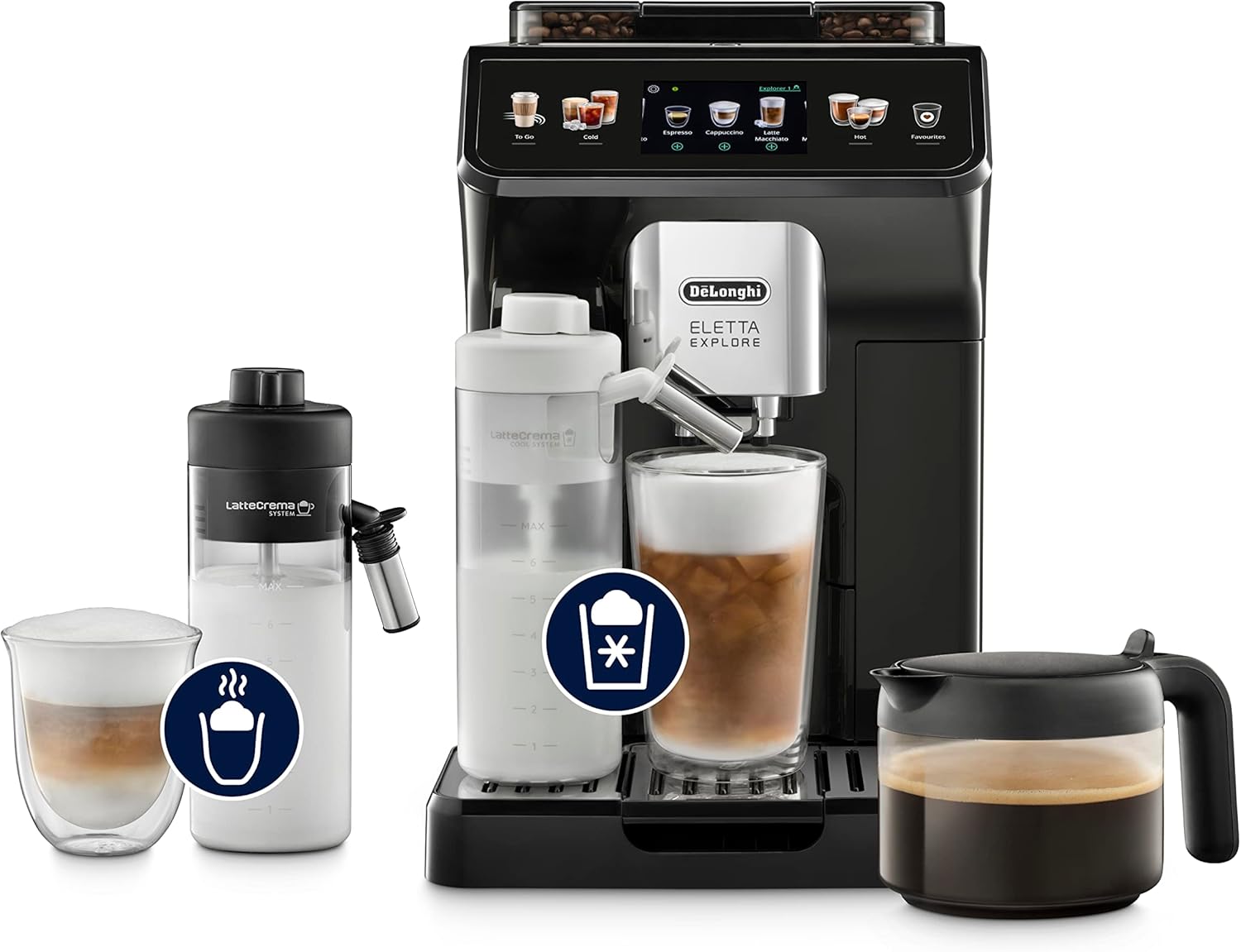 De'Longhi Eletta Explore ECAM452.57.G Kaffeevollautomat mit LatteCrema Milchsystem, heiße und kalte Getränke auf Knopfdruck, 3,5 Zoll TFT Touchscreen Farbdisplay, Kaffeekannen inklusive, schwarz