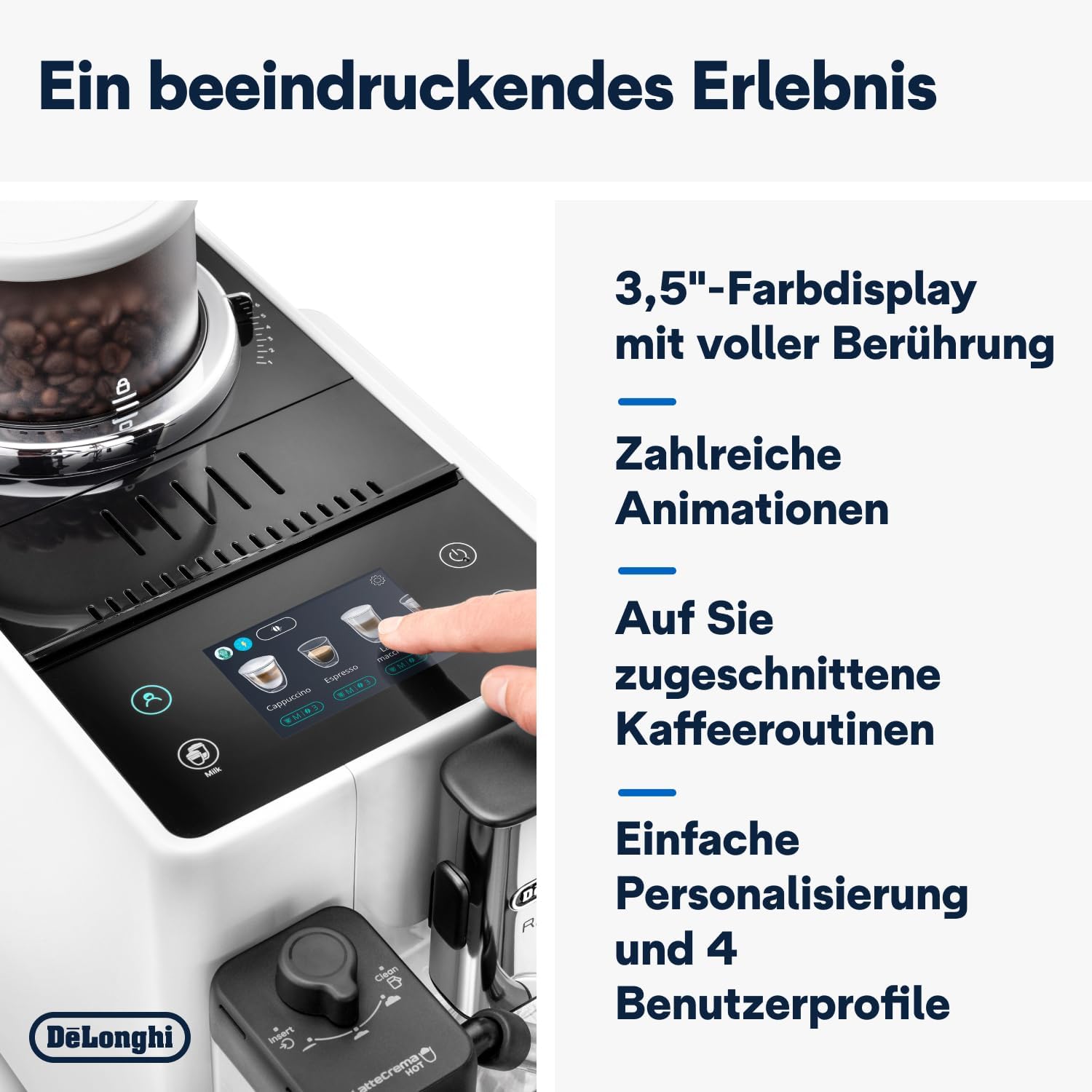 De'Longhi Rivelia EXAM440.55.W Kaffeevollautomat mit LatteCrema Milchsystem, Wechselbarer Bohnenbehälter, 16 Kaffee- & Milchgetränke auf Knopfdruck, Extra-Shot-Funktion, 3,5