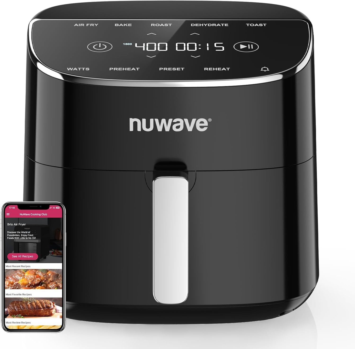 Nuwave Brio Plus Luftfritteuse, 8 Liter, neu und verbessert, neueste PFAS-Intervention, 7 digitale One-Touch-Kochfunktionen zum Frittieren, Backen, Braten, Dörren