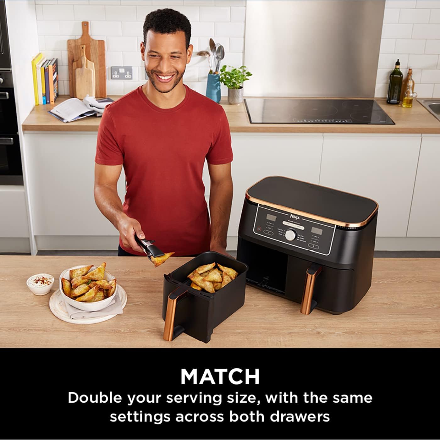 Ninja Foodi MAX Dual Zone Air Fritteuse, Amazon Exclusive, Zange, 2 Schubladen, 9,5 l, 6-in-1, verwenden Sie kein Öl, Air Fry, Max Crisp, Braten, Backen, 8 Portionen, antihaftbeschichtet,
