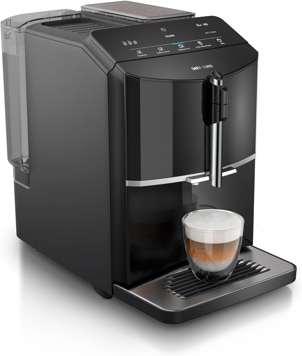 Siemens Kaffeevollautomat EQ300 TF301E19, für viele Kaffeespezialitäten, Milchaufschäumer, Keramikmahlwerk, OneTouch-Funktion, 1300 W, piano black