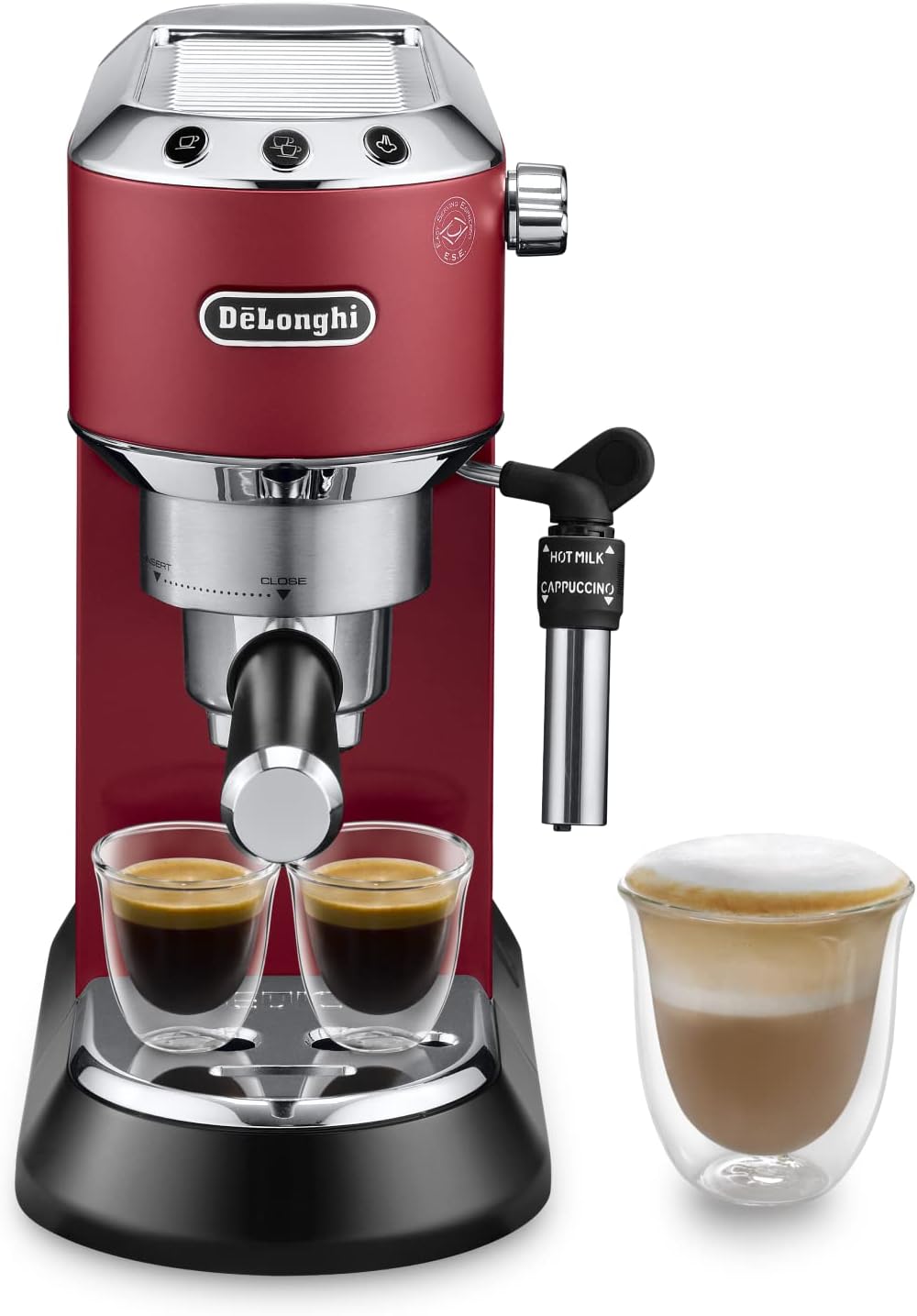De'Longhi Dedica Style EC 685.R – Espresso Siebträgermaschine, Espressomaschine mit professionellem Milchaufschäumer, nur 15 cm breit, für Kaffeepulver oder ESE Pads, 1 l Wassertank, rot