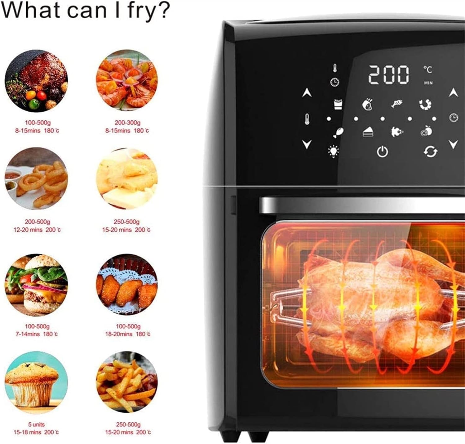 Backofen, Luftfritteusen, Fritteusen, Toastofen, Dörrgerät, mit 8 Voreinstellungen, inklusive Zubehör, zum Frittieren, Braten, Braten, Backen, gesund ohne Öl, 10L, schwarz für alle Familien