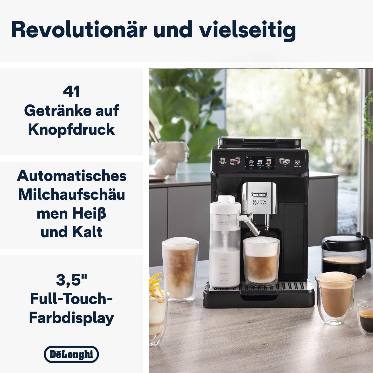 De'Longhi Eletta Explore ECAM452.57.G Kaffeevollautomat mit LatteCrema Milchsystem, heiße und kalte Getränke auf Knopfdruck, 3,5 Zoll TFT Touchscreen Farbdisplay, Kaffeekannen inklusive, schwarz