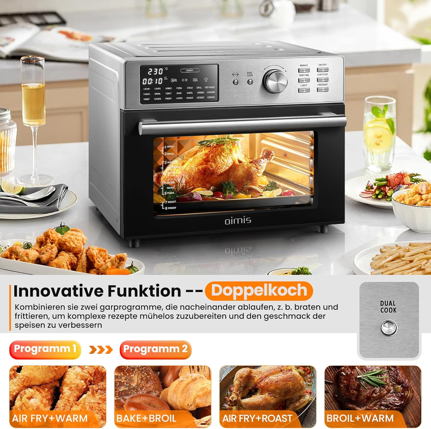 OIMIS Heißluftfritteuse Backofen 30L, luftfritteuse xxl 1800W Airfryer mit 21 Programme Multifunktions-Heißluftofen - Vorheizen, Dual Cook,Timer, Heissluftfritteuse mit 7 Zubehörteile, Rezepte