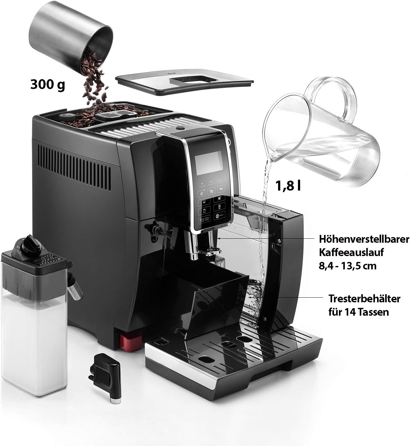 De'Longhi Dinamica ECAM 350.55.B Kaffeevollautomat mit LatteCrema Milchsystem, Cappuccino, Espresso und Kaffee auf Knopfdruck, Digitaldisplay, 2-Tassen-Funktion, Großer 1,8 Liter Wassertank, Schwarz
