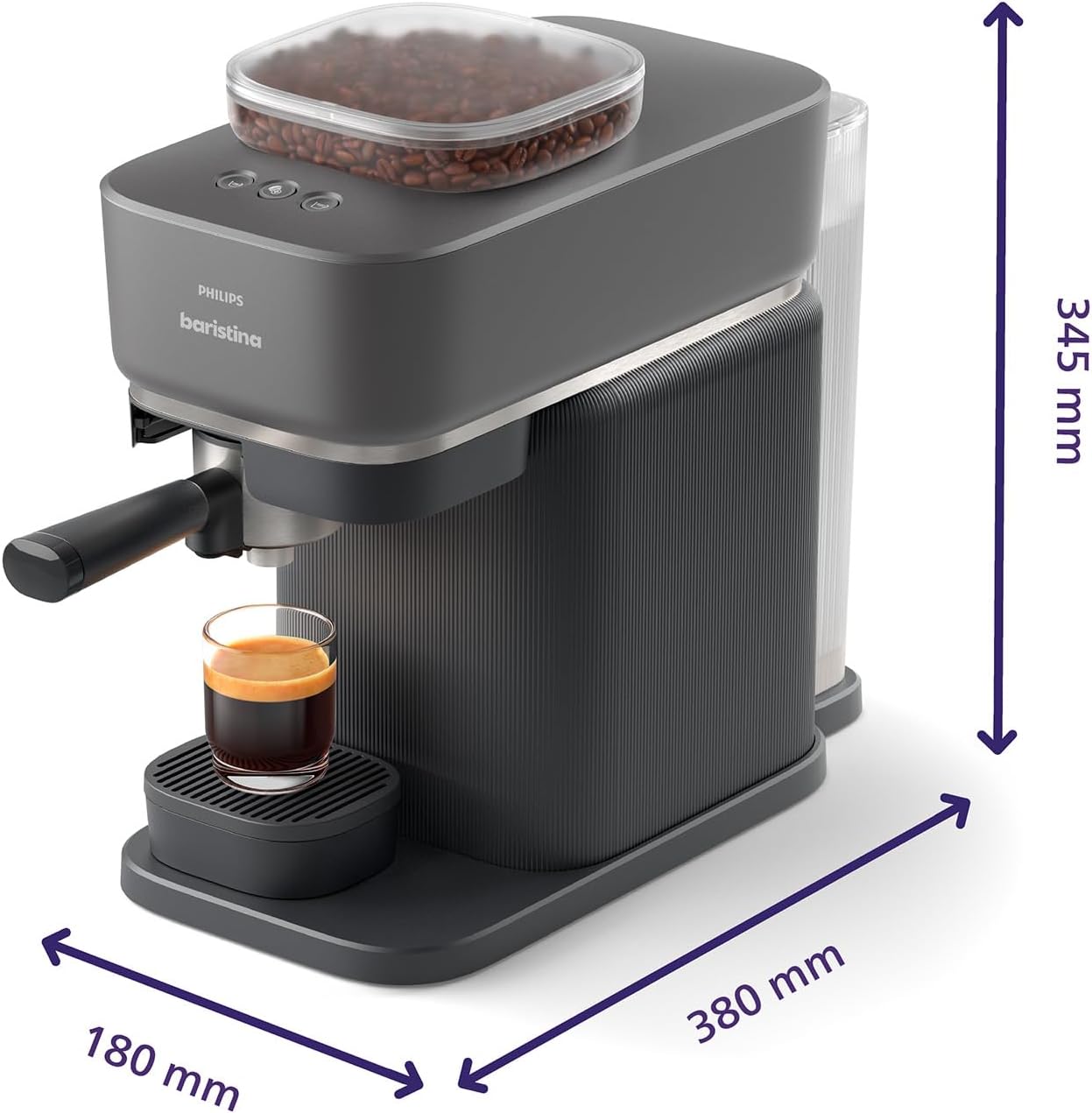 Philips Baristina Espressomaschine - Real Espresso- made simple. Kompakte Kaffeemaschine- Schwarzgrau mit schwarzgrauem Siebträger- 16-bar-Pumpendruck- automatisches Mahlwerk- Cafe Crema (BAR300/60)
