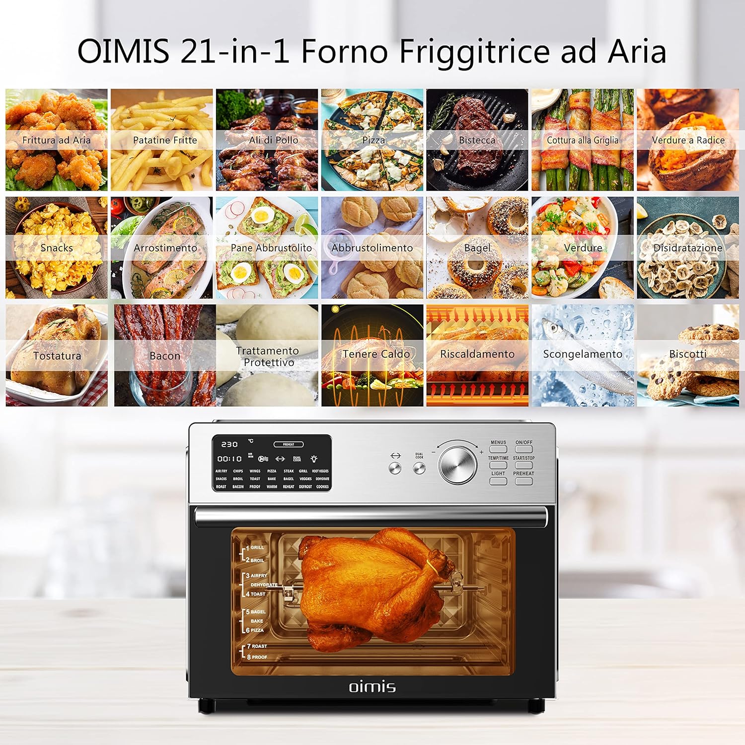 OIMIS Heißluftfritteuse Backofen 30L, luftfritteuse xxl 1800W Airfryer mit 21 Programme Multifunktions-Heißluftofen - Vorheizen, Dual Cook,Timer, Heissluftfritteuse mit 7 Zubehörteile, Rezepte