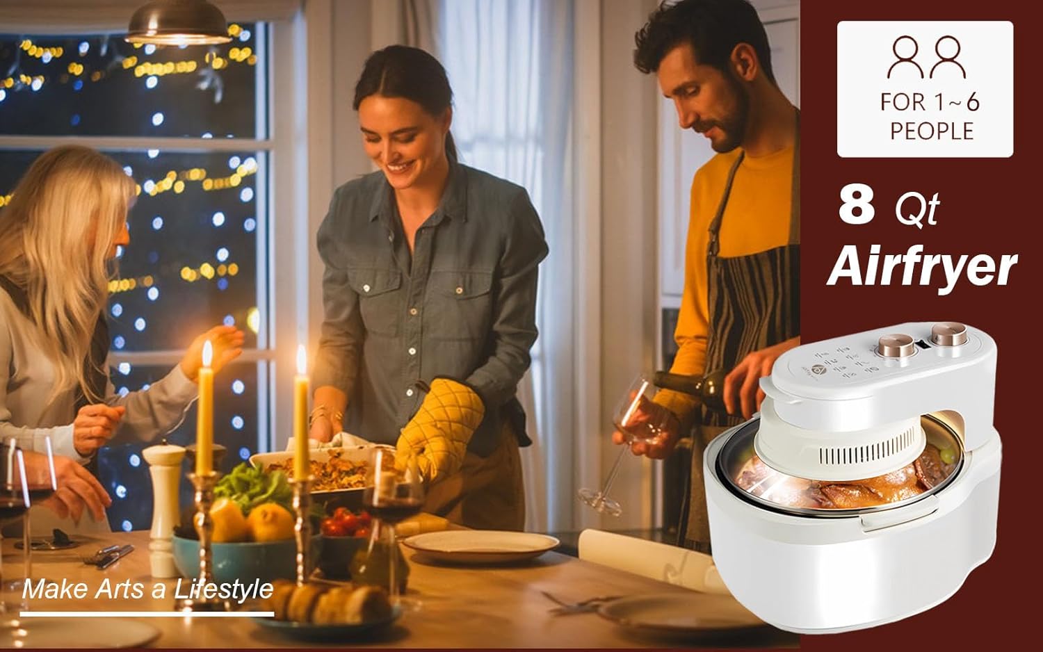 ARTbyutee 10-in-1 Glas-Luftfritteuse mit großem Fassungsvermögen von 8 Litern, Rotationsgrillkorb, gleichmäßige Erwärmung, goldweiß und beige, Sichtfenster, explosionsgeschützt,