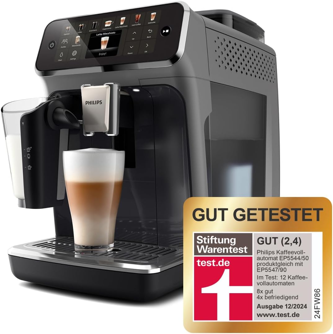 PHILIPS Serie 5500 Kaffeevollautomat inkl. Latte Go, SilentBrew-Technologie, Schnellstart. Aromatischer Kaffee aus frisch gemahlenen Bohnen, 20 Heiß- und Eisgetränke, Grau (EP5544/50)