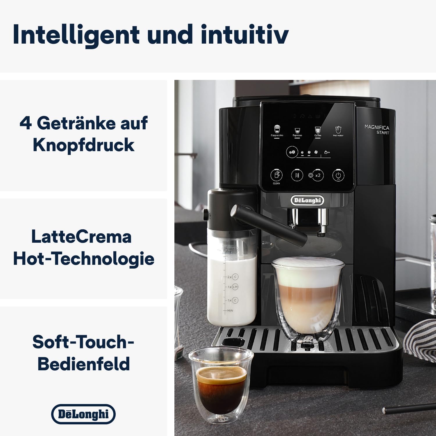 De'Longhi Magnifica Start ECAM222.60.BG, Kaffeevollautomat mit LatteCrema-Milchsystem für Automatischen Cappuccino, 4-Direktwahl-Tasten, Soft-Touch-Bedienfeld,