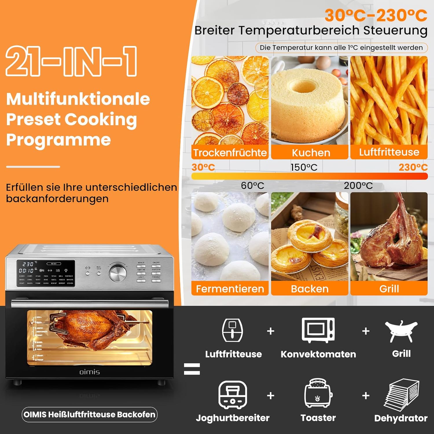 OIMIS Heißluftfritteuse Backofen 30L, luftfritteuse xxl 1800W Airfryer mit 21 Programme Multifunktions-Heißluftofen - Vorheizen, Dual Cook,Timer, Heissluftfritteuse mit 7 Zubehörteile, Rezepte