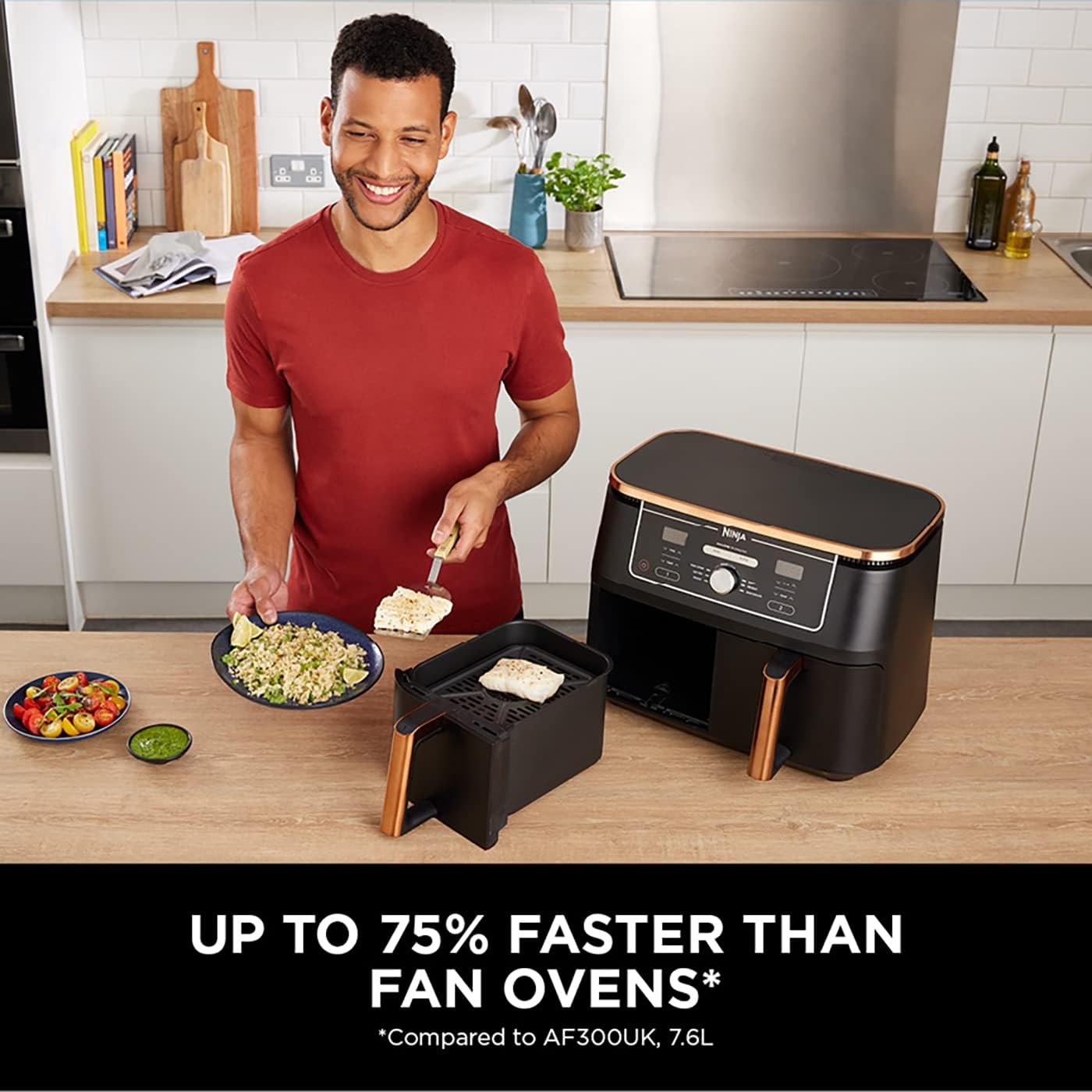 Ninja Foodi MAX Dual Zone Air Fritteuse, Amazon Exclusive, Zange, 2 Schubladen, 9,5 l, 6-in-1, verwenden Sie kein Öl, Air Fry, Max Crisp, Braten, Backen, 8 Portionen, antihaftbeschichtet,