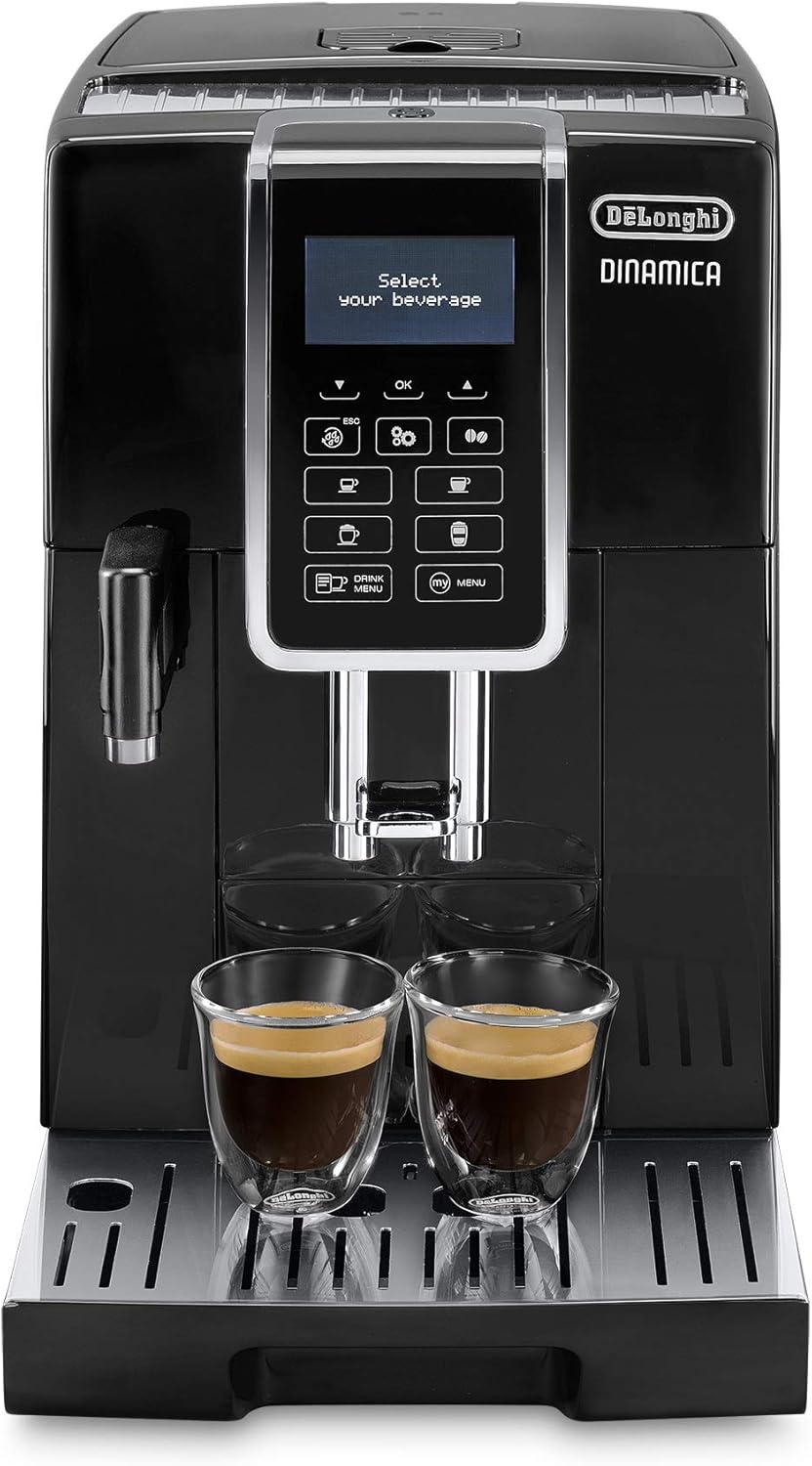 De'Longhi Dinamica ECAM 350.55.B Kaffeevollautomat mit LatteCrema Milchsystem, Cappuccino, Espresso und Kaffee auf Knopfdruck, Digitaldisplay, 2-Tassen-Funktion, Großer 1,8 Liter Wassertank, Schwarz