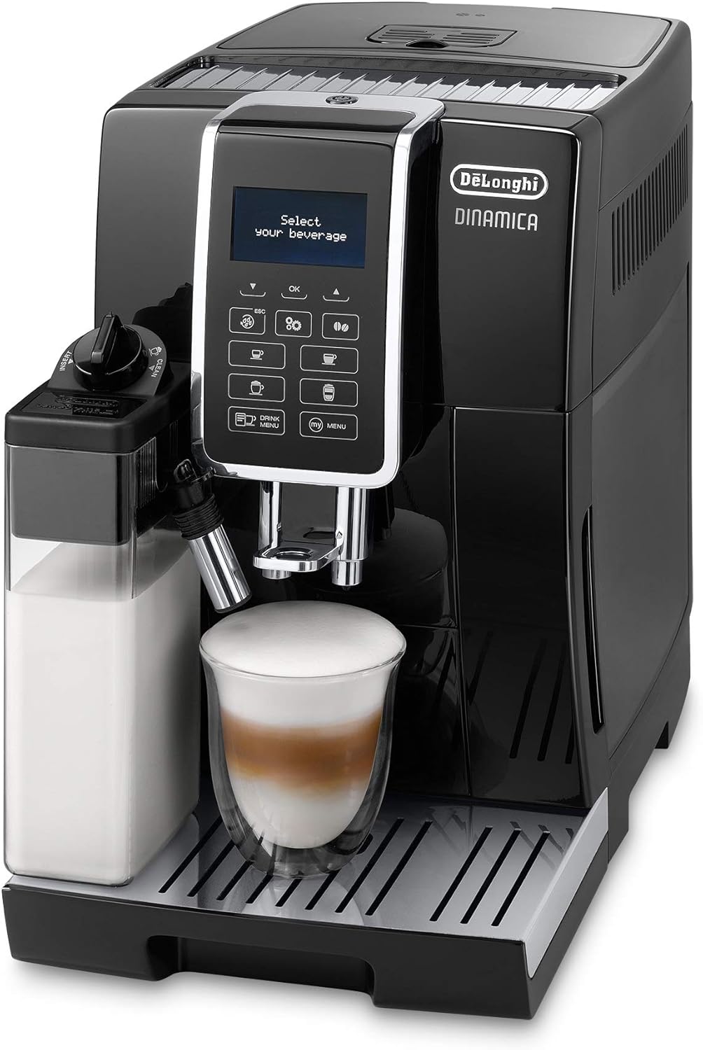 De'Longhi Dinamica ECAM 350.55.B Kaffeevollautomat mit LatteCrema Milchsystem, Cappuccino, Espresso und Kaffee auf Knopfdruck, Digitaldisplay, 2-Tassen-Funktion, Großer 1,8 Liter Wassertank, Schwarz