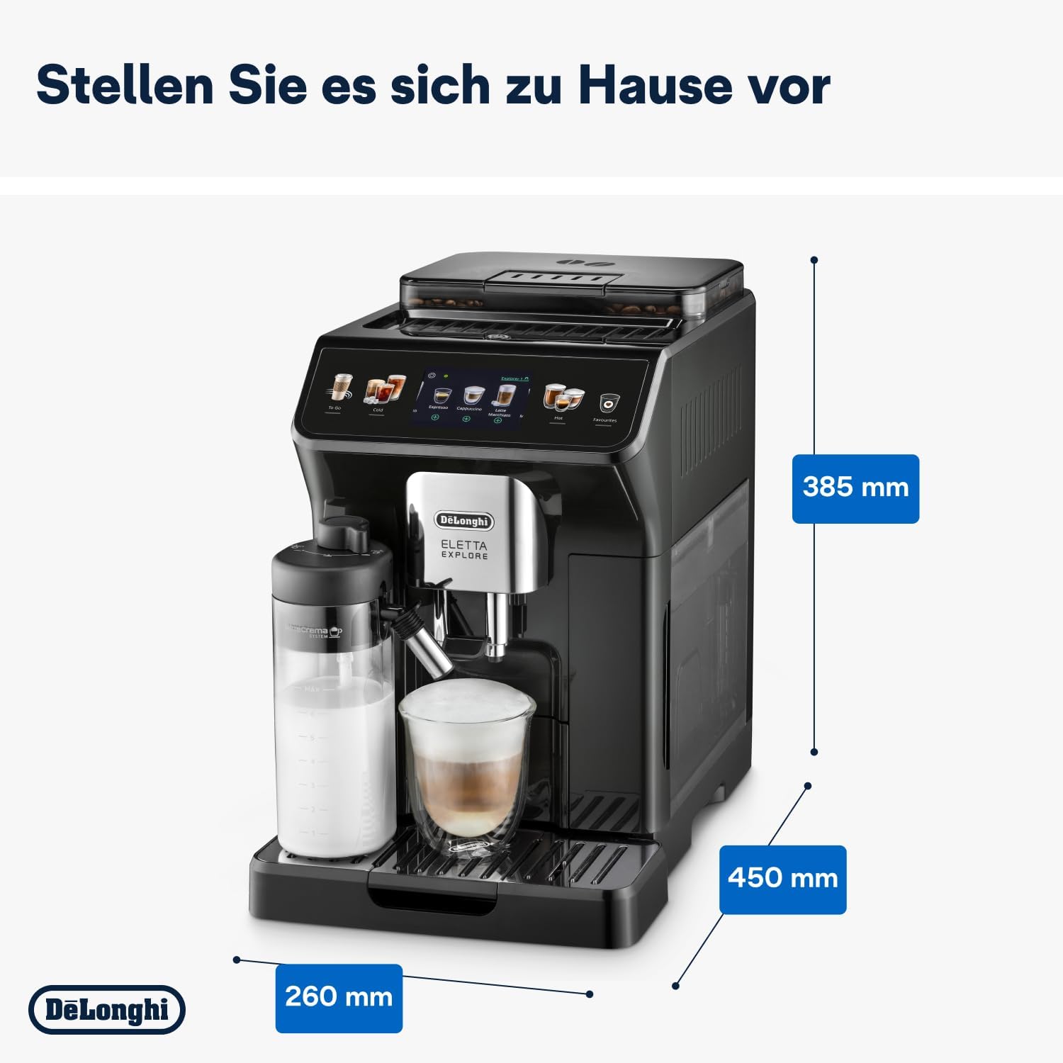 De'Longhi Eletta Explore ECAM452.57.G Kaffeevollautomat mit LatteCrema Milchsystem, heiße und kalte Getränke auf Knopfdruck, 3,5 Zoll TFT Touchscreen Farbdisplay, Kaffeekannen inklusive, schwarz