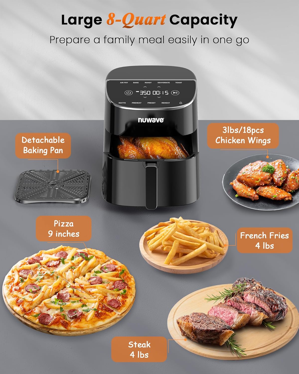Nuwave Brio Plus Luftfritteuse, 8 Liter, neu und verbessert, neueste PFAS-Intervention, 7 digitale One-Touch-Kochfunktionen zum Frittieren, Backen, Braten, Dörren