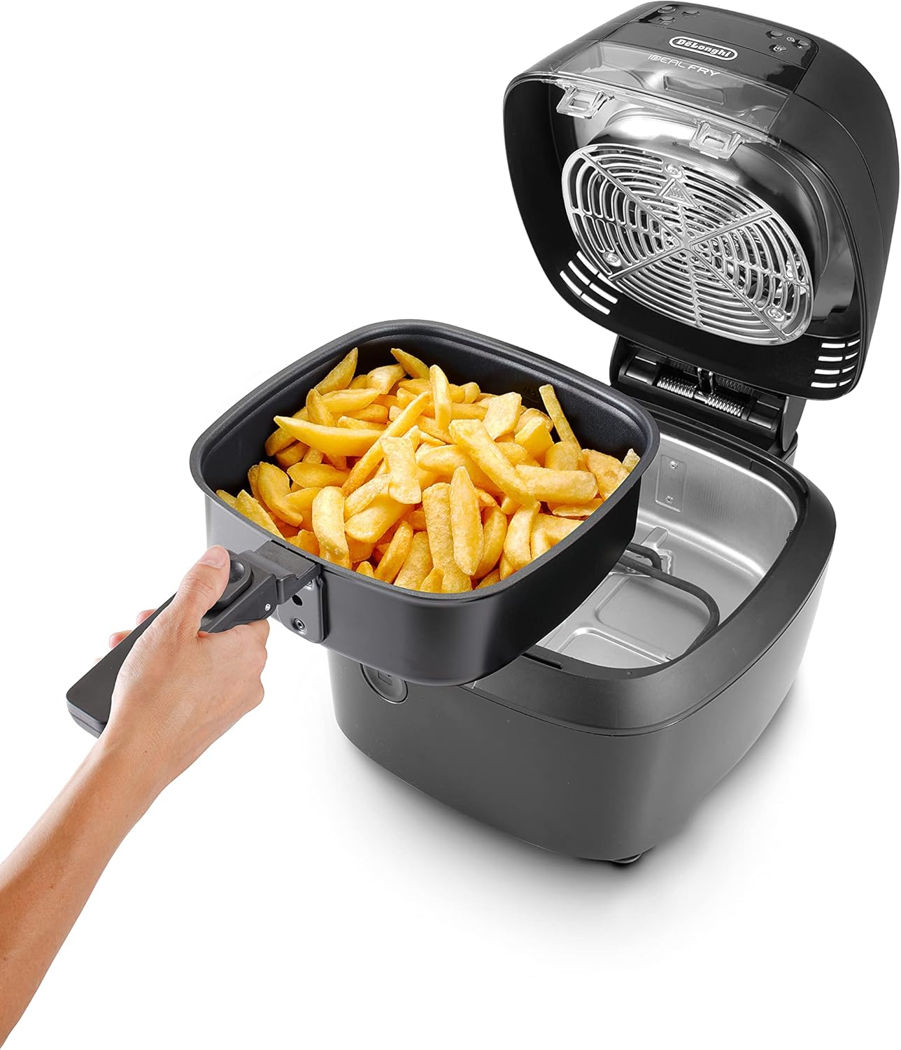 De'Longhi FH2184.BK IDEALFRY Luftfritteuse, Kapazität 1,25 kg, digitales Bedienfeld, 5 voreingestellte Programme, Bullauge, SHS Double-System, leichtes Braten, abnehmbare Wanne 3,9 l, Schwarz