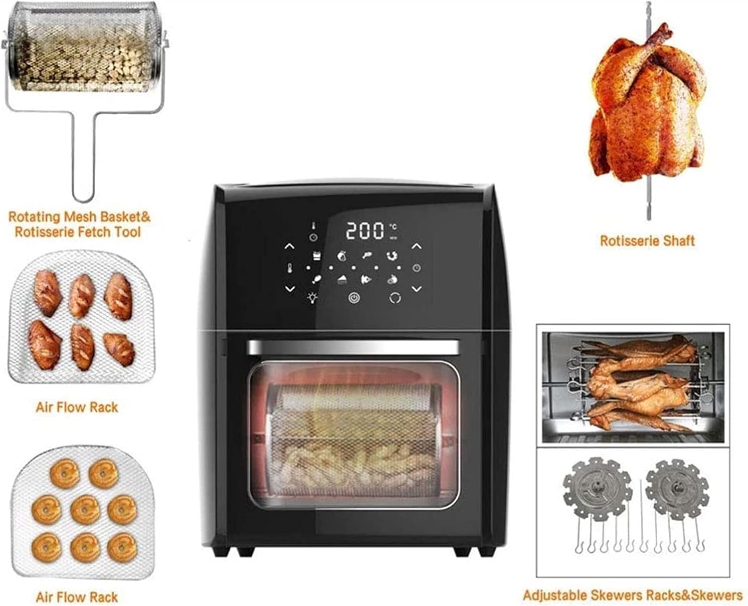 Backofen, Luftfritteusen, Fritteusen, Toastofen, Dörrgerät, mit 8 Voreinstellungen, inklusive Zubehör, zum Frittieren, Braten, Braten, Backen, gesund ohne Öl, 10L, schwarz für alle Familien