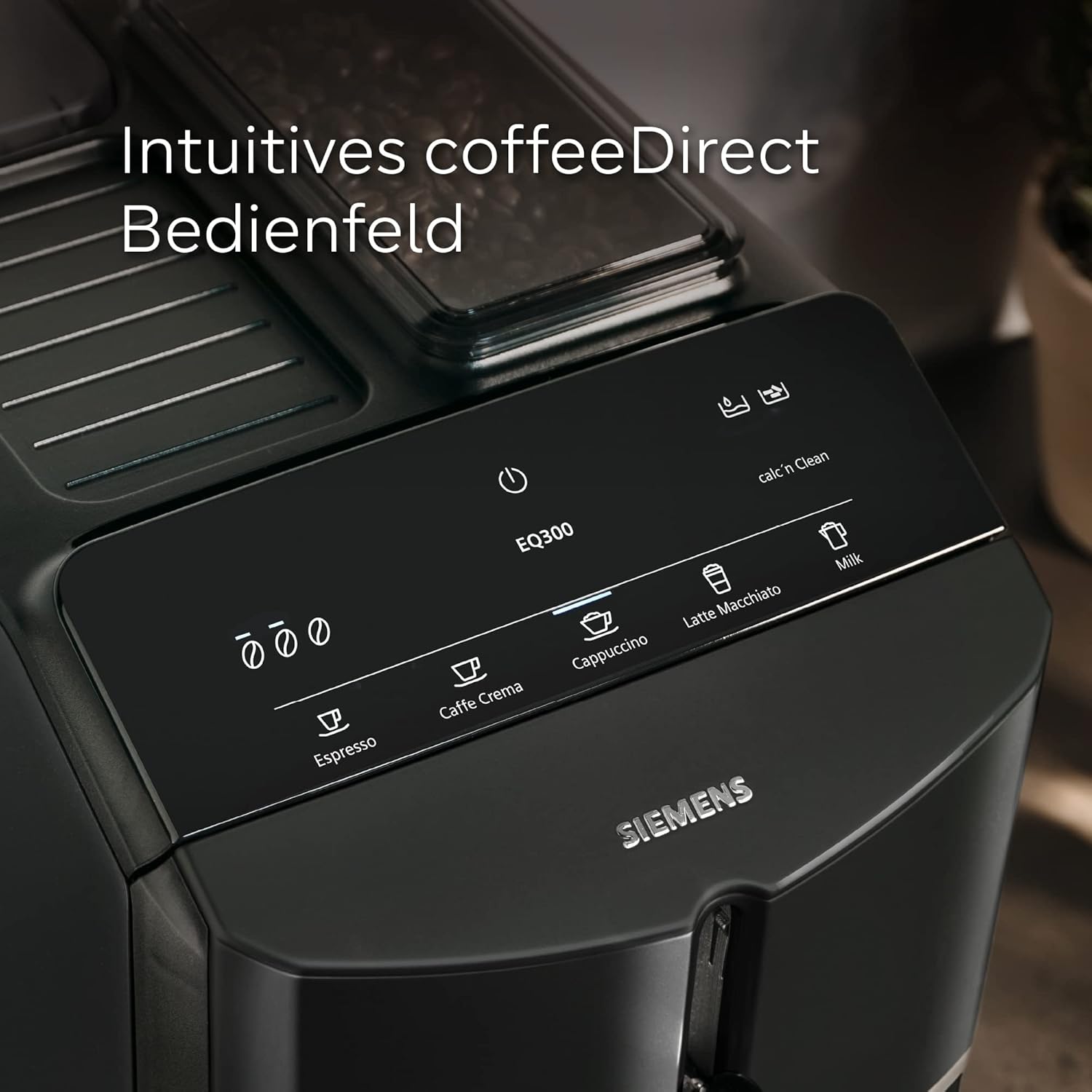 Siemens Kaffeevollautomat EQ300 TF301E19, für viele Kaffeespezialitäten, Milchaufschäumer, Keramikmahlwerk, OneTouch-Funktion, 1300 W, piano black