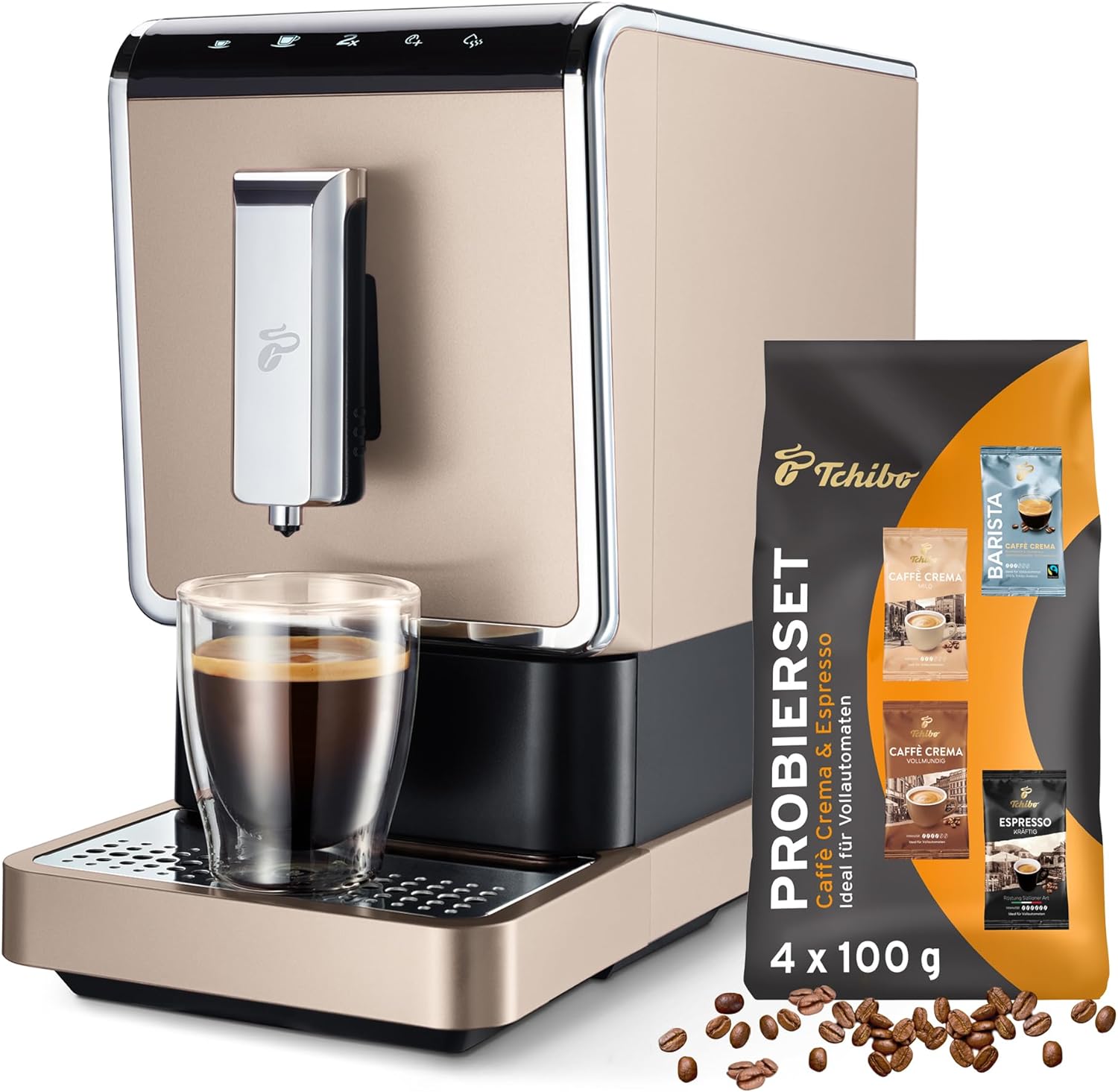 Tchibo Kaffeevollautomat Esperto Caffè für Caffè Crema und Espresso, Metallic Sand - INKLUSIVE Kaffeeprobierset GRATIS