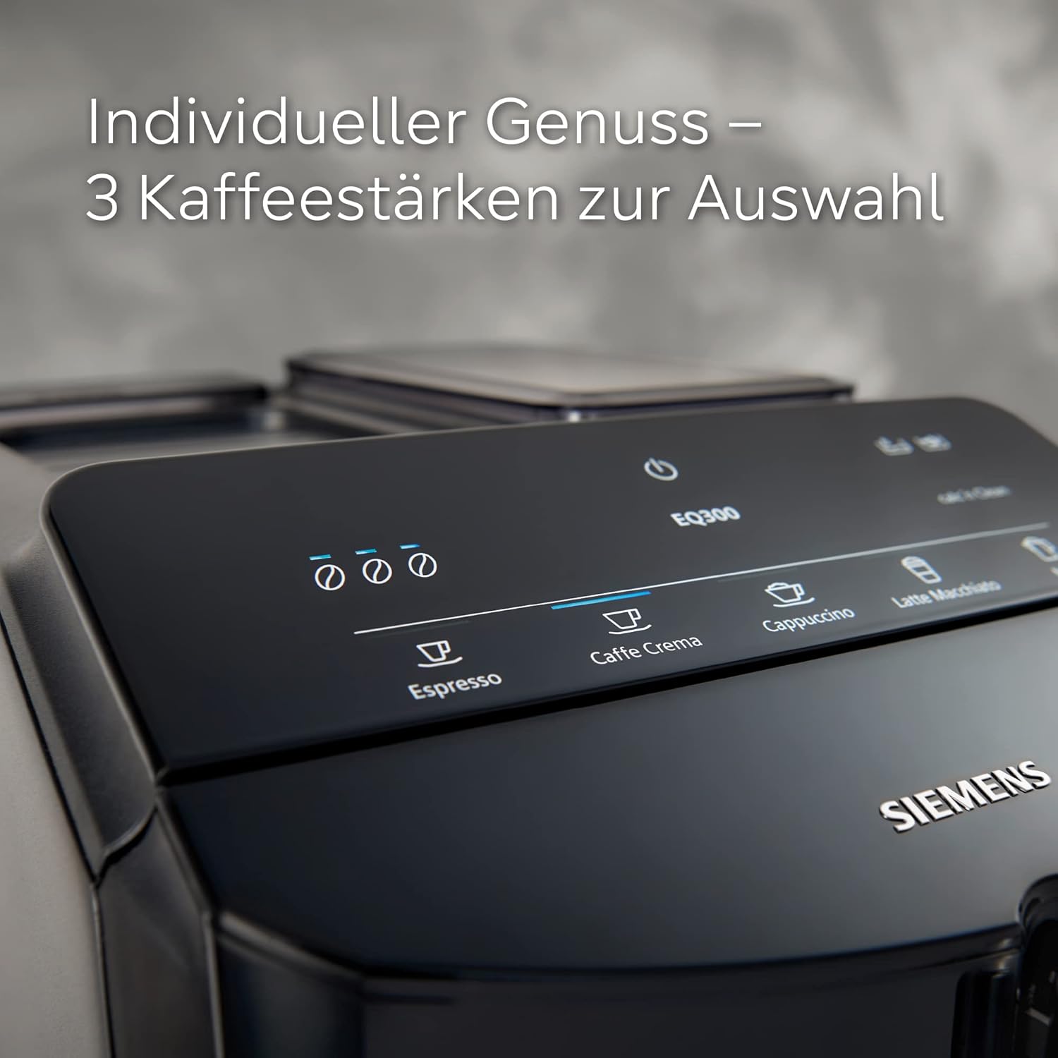 Siemens Kaffeevollautomat EQ300 TF301E19, für viele Kaffeespezialitäten, Milchaufschäumer, Keramikmahlwerk, OneTouch-Funktion, 1300 W, piano black