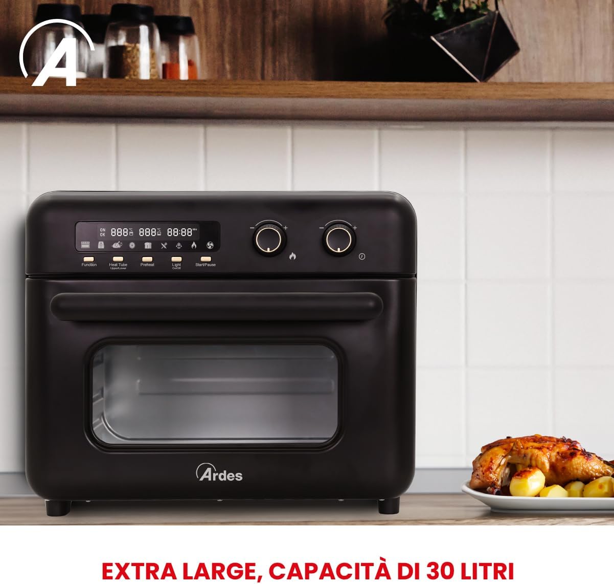 ARDES - ARFRYA02 Heißluftfritteuse und Hybridofen 30 Liter mit Drehspieß - Air Fryer zum Frittieren und Backen ohne Öl, Trocknen und Auftauen, Schwarz
