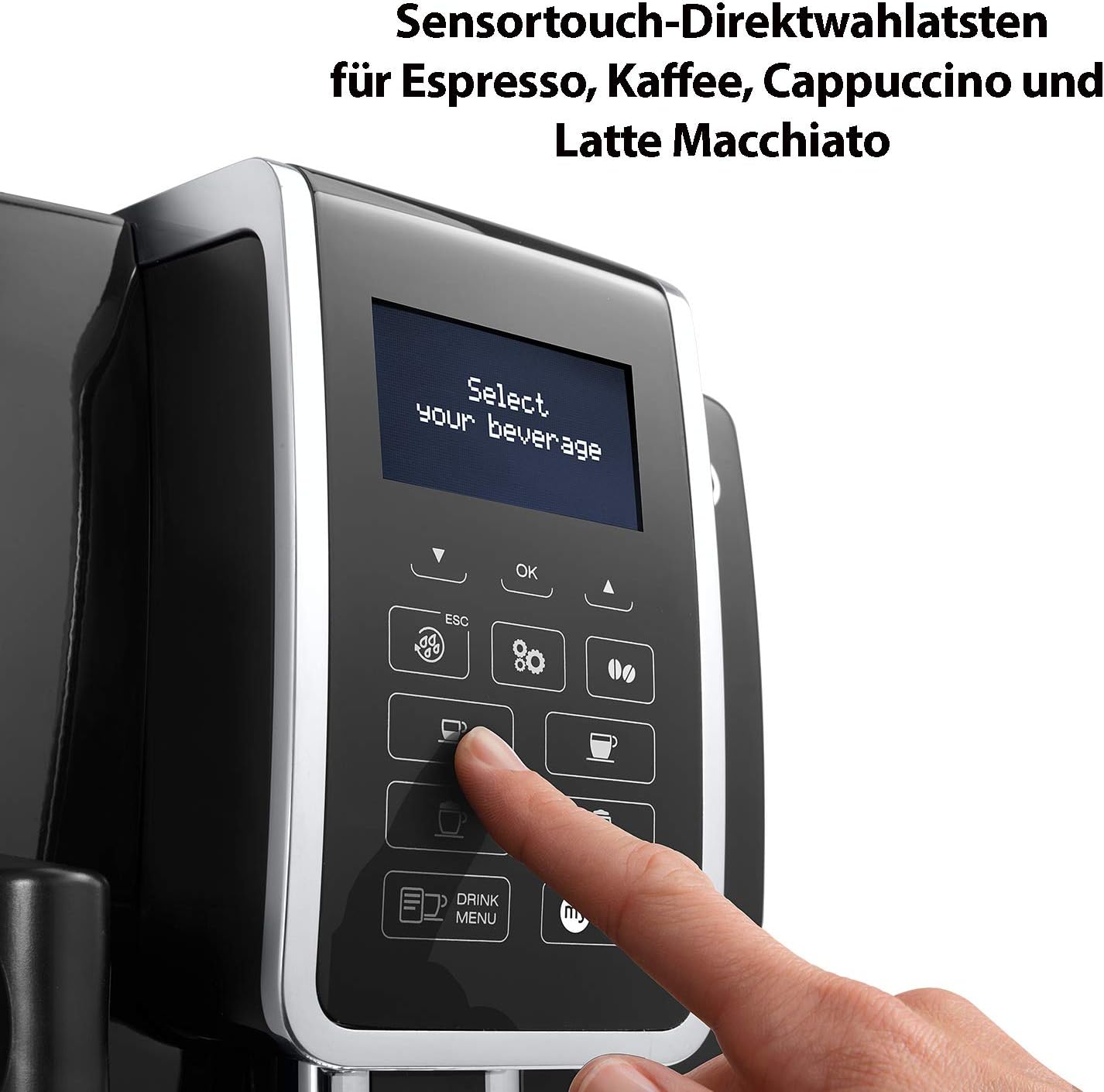 De'Longhi Dinamica ECAM 350.55.B Kaffeevollautomat mit LatteCrema Milchsystem, Cappuccino, Espresso und Kaffee auf Knopfdruck, Digitaldisplay, 2-Tassen-Funktion, Großer 1,8 Liter Wassertank, Schwarz