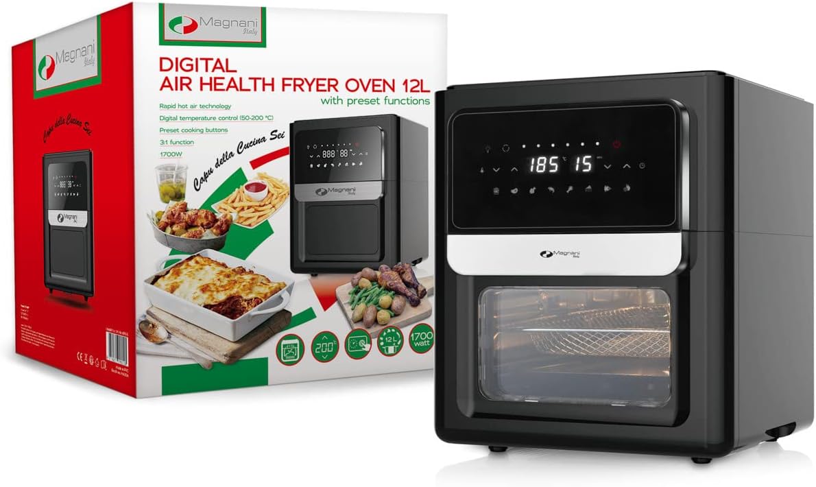 MAGNANI schwarze 3 in 1 Heißluftfritteuse mit 12 l Fassungsvermögen, 13 Programme,Timer, 50 bis 200 °, 1700 Watt, Heißluft-Fritteuse mit 12 l Volumen