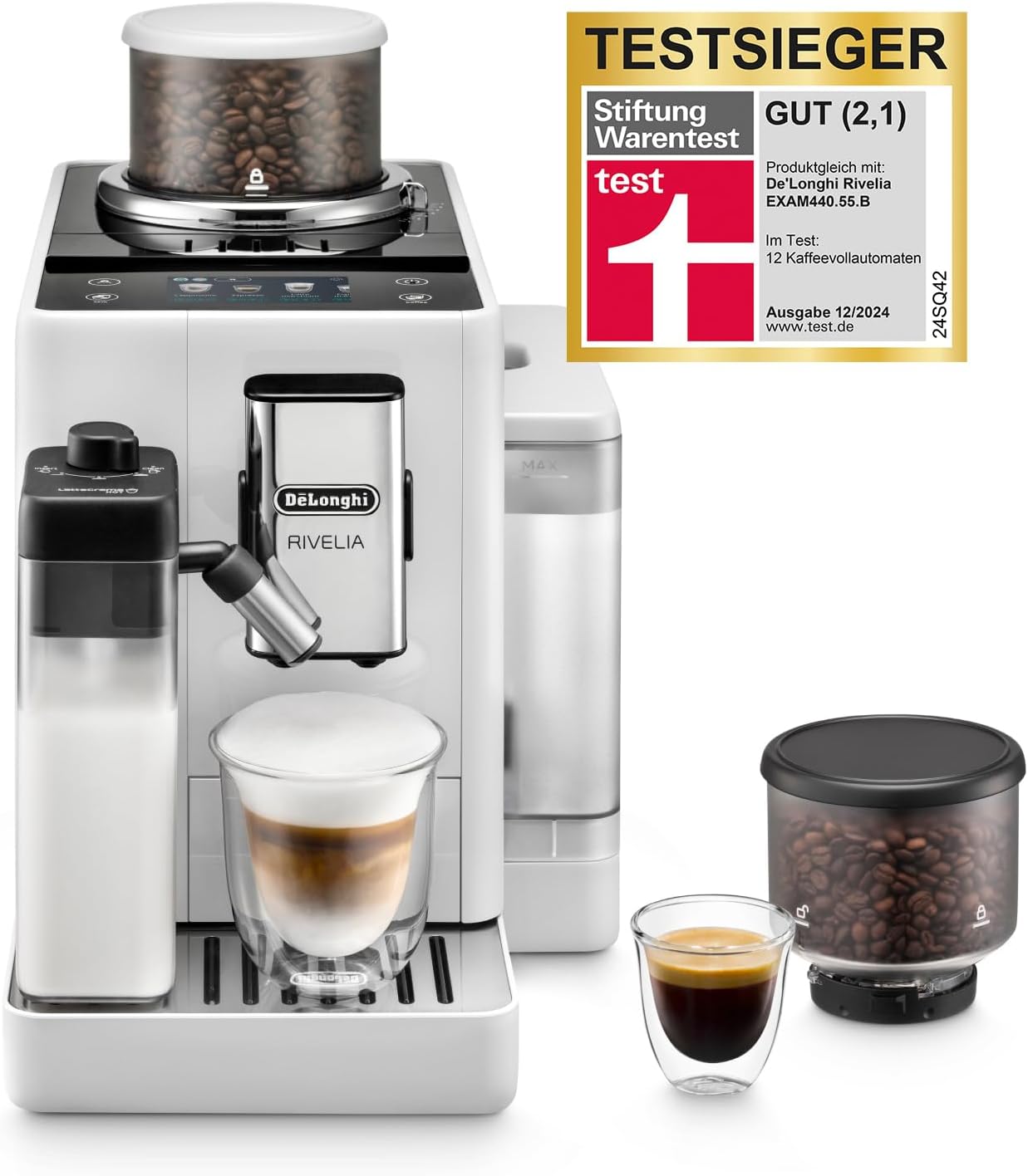 De'Longhi Rivelia EXAM440.55.W Kaffeevollautomat mit LatteCrema Milchsystem, Wechselbarer Bohnenbehälter, 16 Kaffee- & Milchgetränke auf Knopfdruck, Extra-Shot-Funktion, 3,5