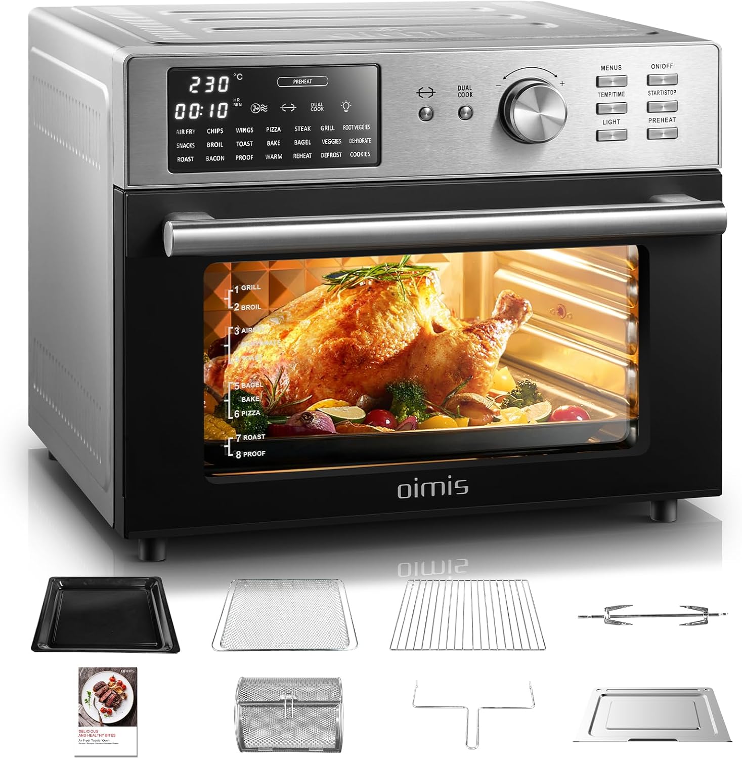OIMIS Heißluftfritteuse Backofen 30L, luftfritteuse xxl 1800W Airfryer mit 21 Programme Multifunktions-Heißluftofen - Vorheizen, Dual Cook,Timer, Heissluftfritteuse mit 7 Zubehörteile, Rezepte