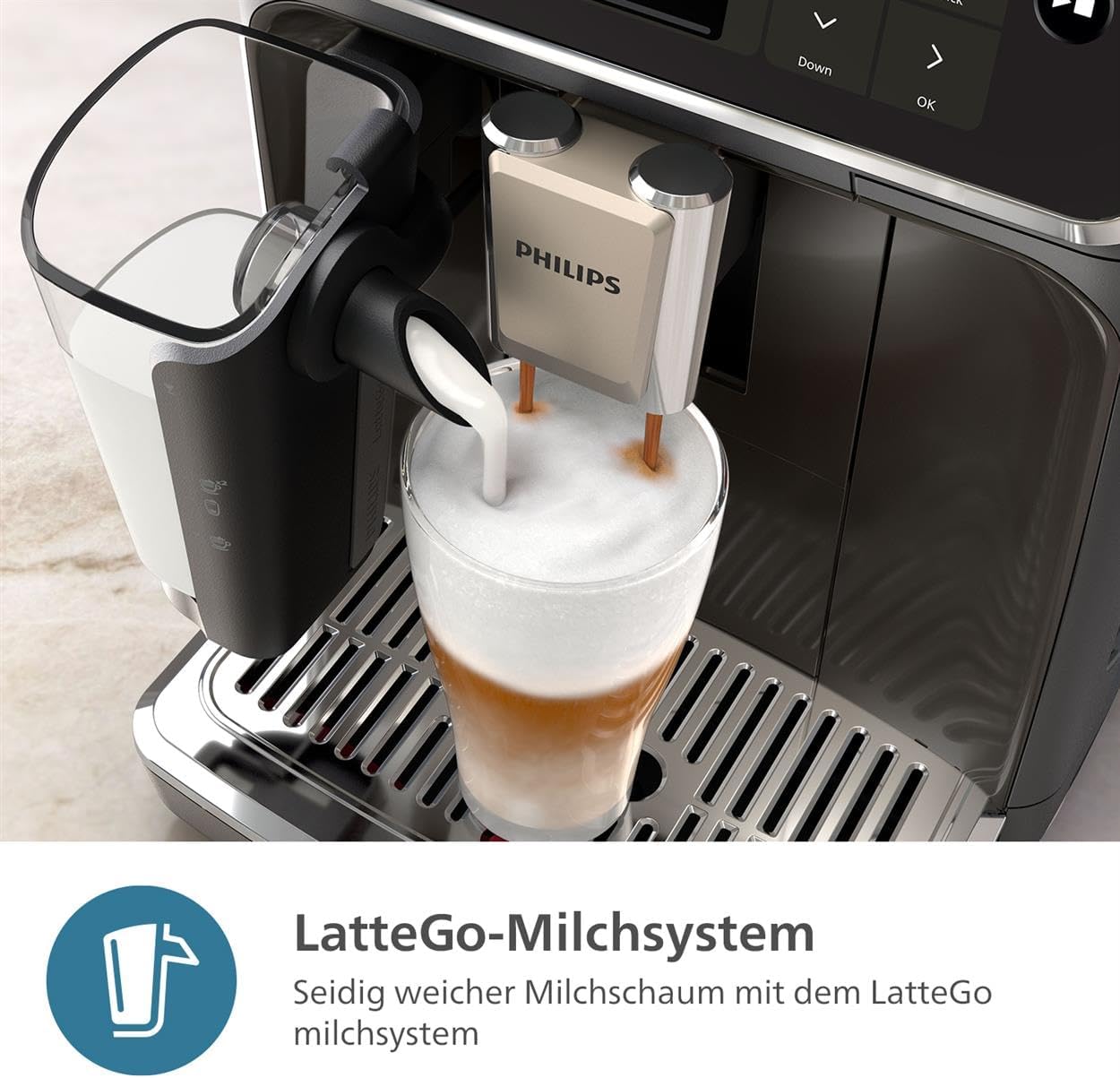 PHILIPS Serie 5500 Kaffeevollautomat inkl. Latte Go, SilentBrew-Technologie, Schnellstart. Aromatischer Kaffee aus frisch gemahlenen Bohnen, 20 Heiß- und Eisgetränke, Grau (EP5544/50)
