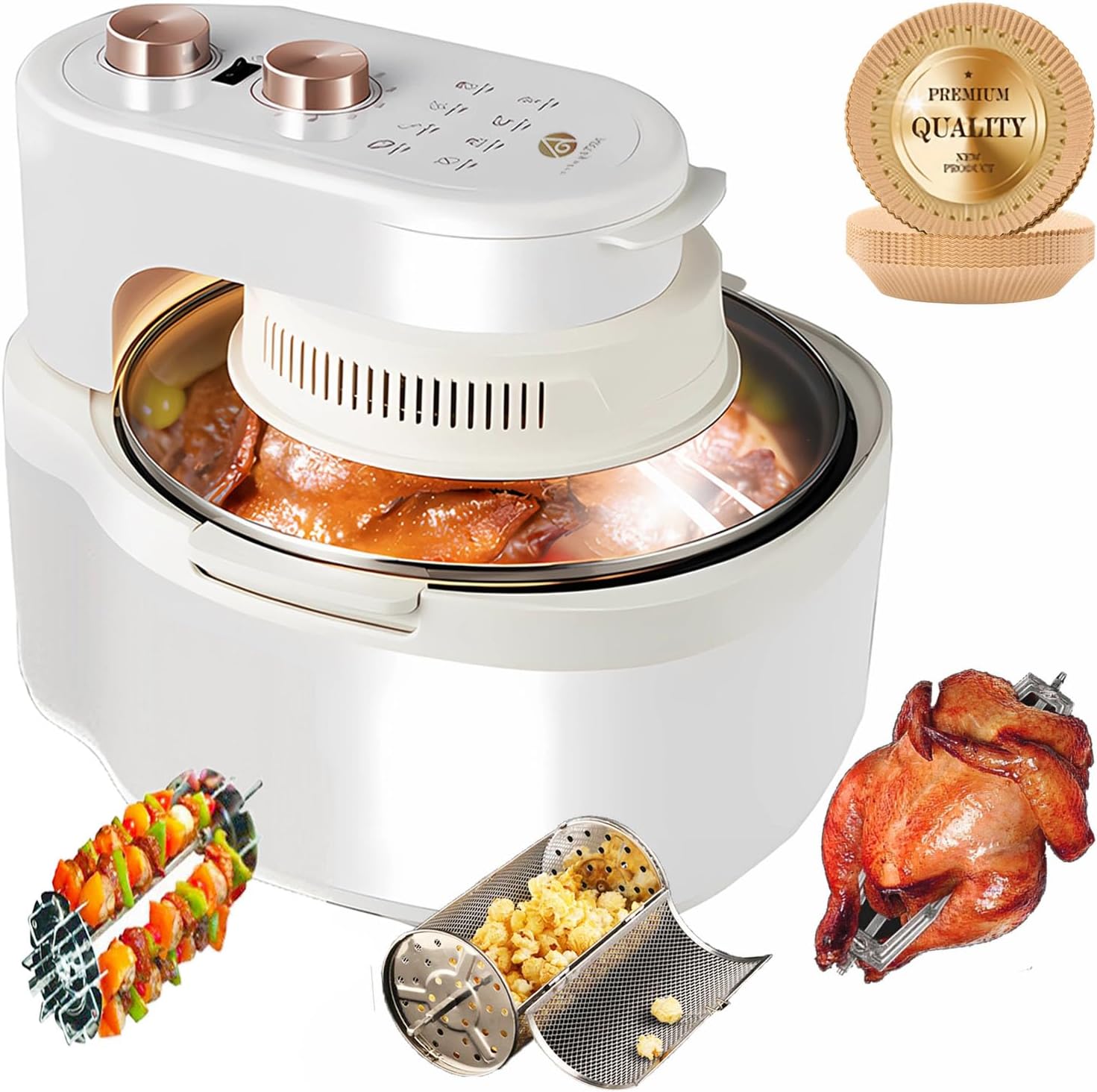 ARTbyutee 10-in-1 Glas-Luftfritteuse mit großem Fassungsvermögen von 8 Litern, Rotationsgrillkorb, gleichmäßige Erwärmung, goldweiß und beige, Sichtfenster, explosionsgeschützt,