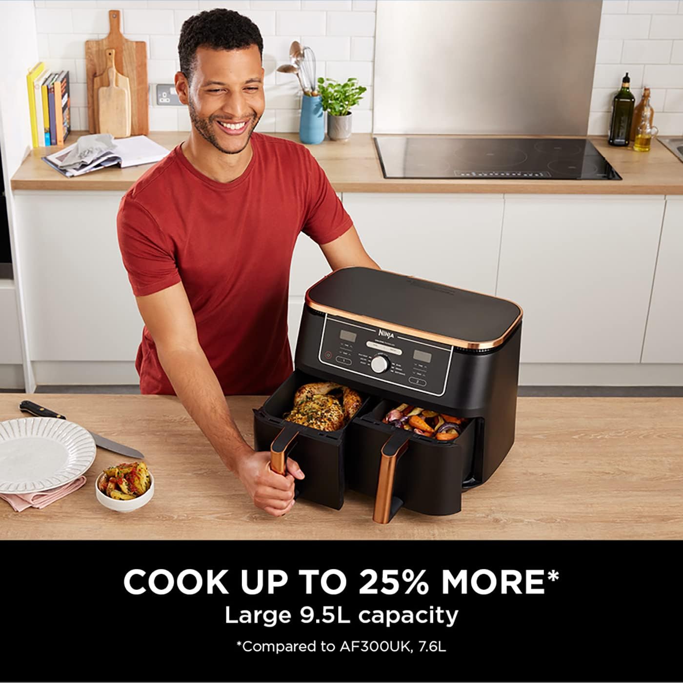 Ninja Foodi MAX Dual Zone Air Fritteuse, Amazon Exclusive, Zange, 2 Schubladen, 9,5 l, 6-in-1, verwenden Sie kein Öl, Air Fry, Max Crisp, Braten, Backen, 8 Portionen, antihaftbeschichtet,