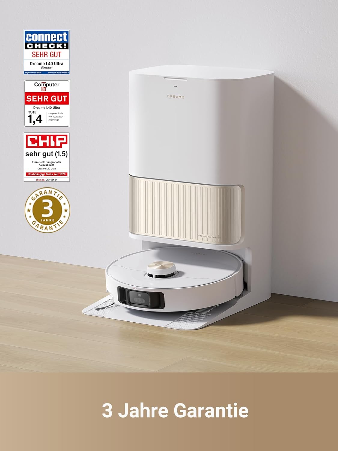 dreame L40 Ultra Saugroboter mit Wischfunktion und Hebarem Wischmopp, ausziehbarer und anhebbarer Seitenbürste, 11.000 Pa Saugleistung, 65 °C Selbstreinigung von Mopp und Waschbrett