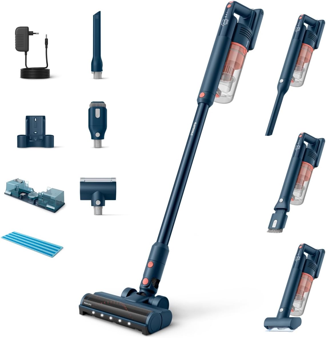 PHILIPS Akku-Staubsauger Kabellos 5000 Series für Tierhaare: Starke Saugkraft auf Teppichen & Hartböden. Multitalent, 60 Min. Laufzeit, LED-Düse, Tierhaar-Düse, Aqua-Modul (XC5142/01)