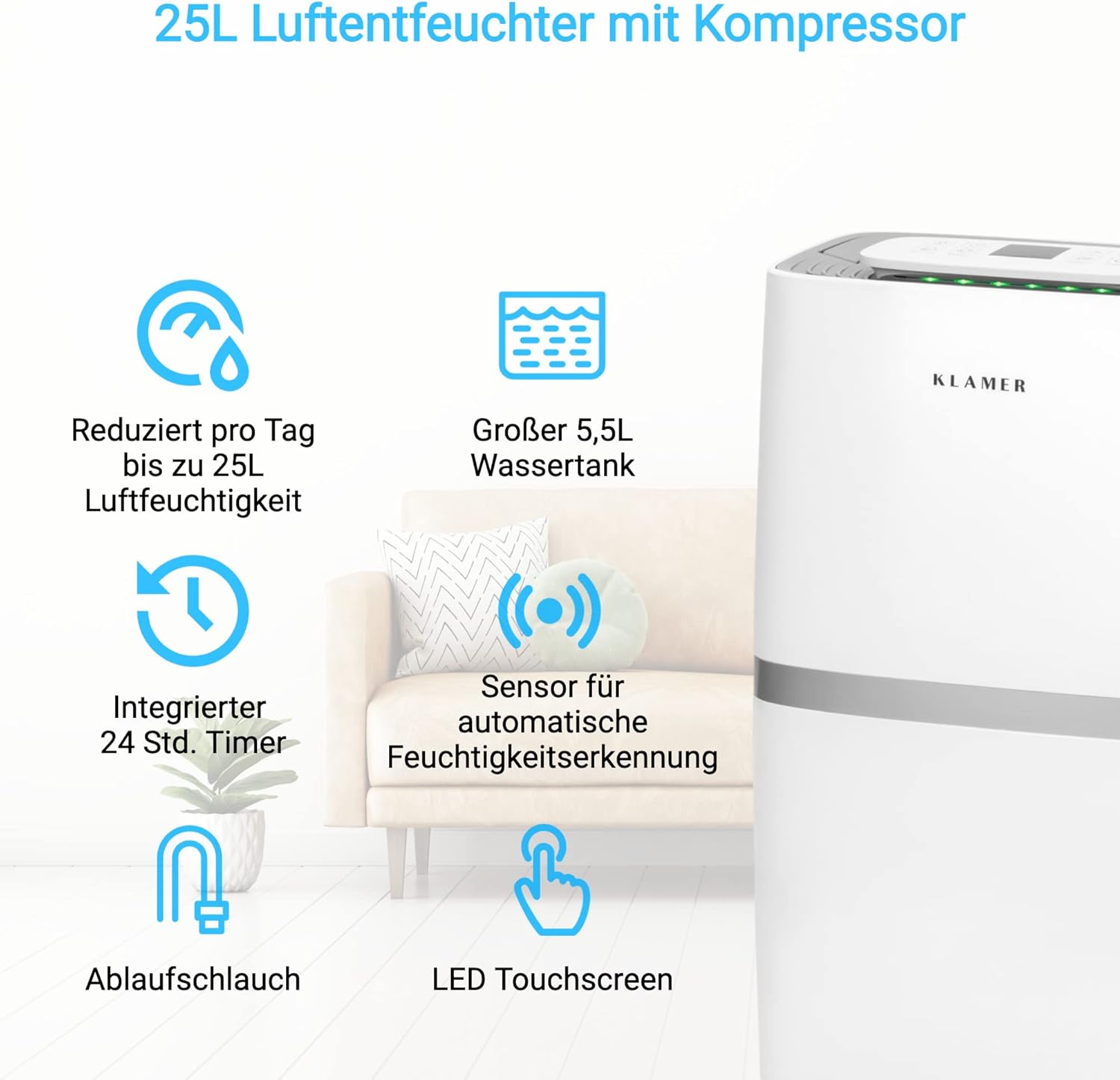 KLAMER Luftentfeuchter elektrisch 25L, 195m³ Luftumwälzung pro Stunde, 420W starker Raumentfeuchter, Entfeuchter mit bis zu 5,5 Liter Fassungsvermögen