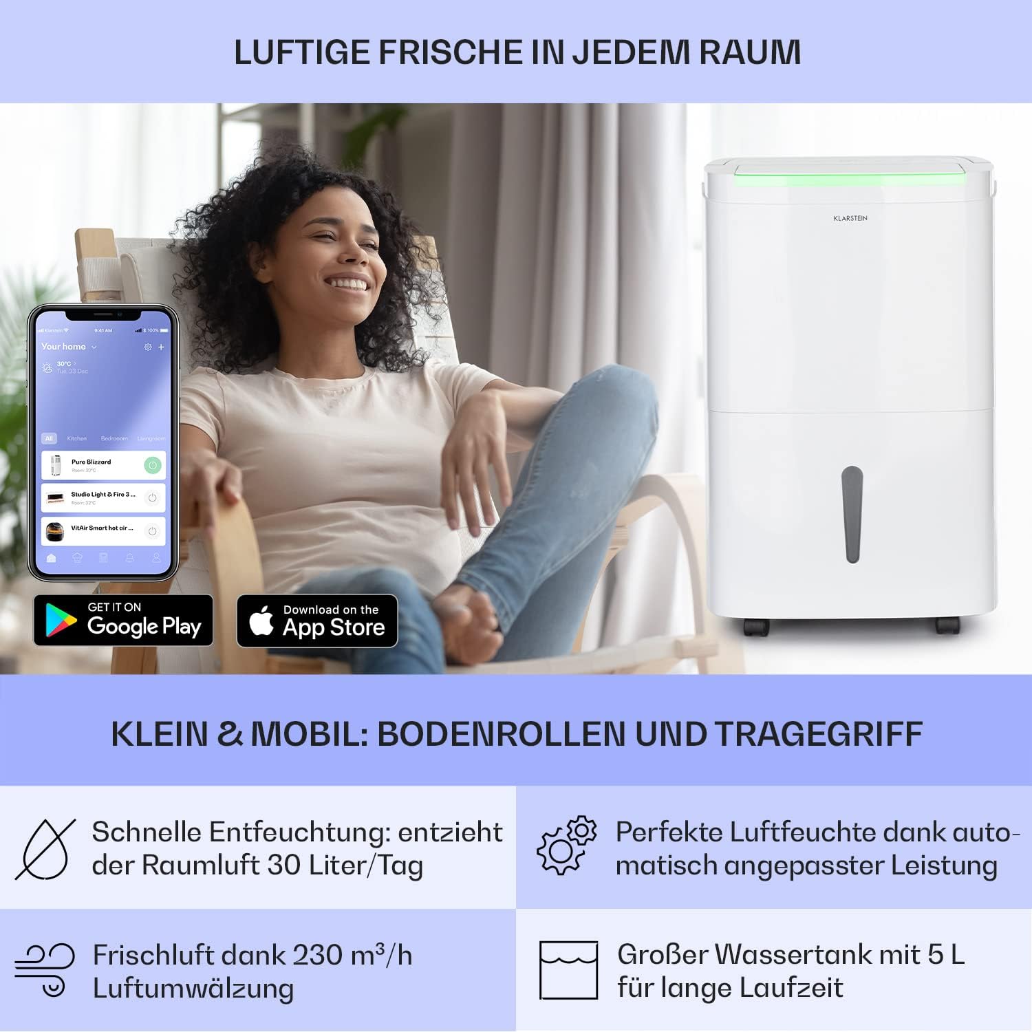 Klarstein Luftentfeuchter & Luftreiniger Elektrisch, 30 L Raumentfeuchter Klein für Wohnung Schlafzimmer Badezimmer Keller, Effizienter Bad/Raum Entfeuchter, Elektrischer & Kleiner Luftentfeuchter