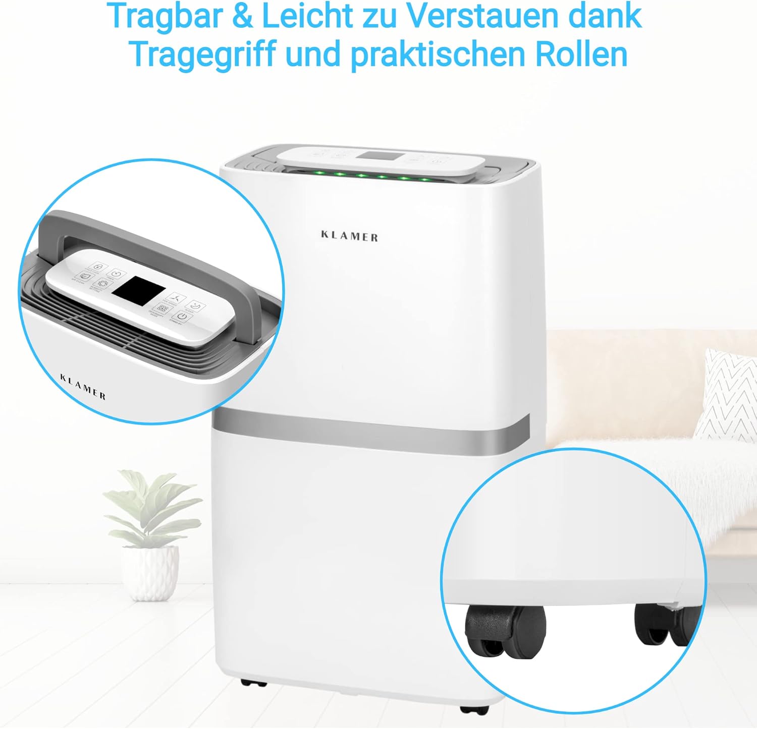 KLAMER Luftentfeuchter elektrisch 25L, 195m³ Luftumwälzung pro Stunde, 420W starker Raumentfeuchter, Entfeuchter mit bis zu 5,5 Liter Fassungsvermögen