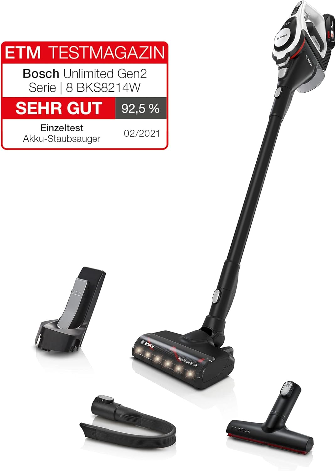 Bosch Akku-Staubsauger Unlimited Gen2 Serie 8 BKS8214W, beutellos, bis 45 Min Laufzeit, austauschbarer Akku, LED-Beleuchtung, automatische Anpassung an alle Bodenarten, XXL-Polsterdüse, weiß